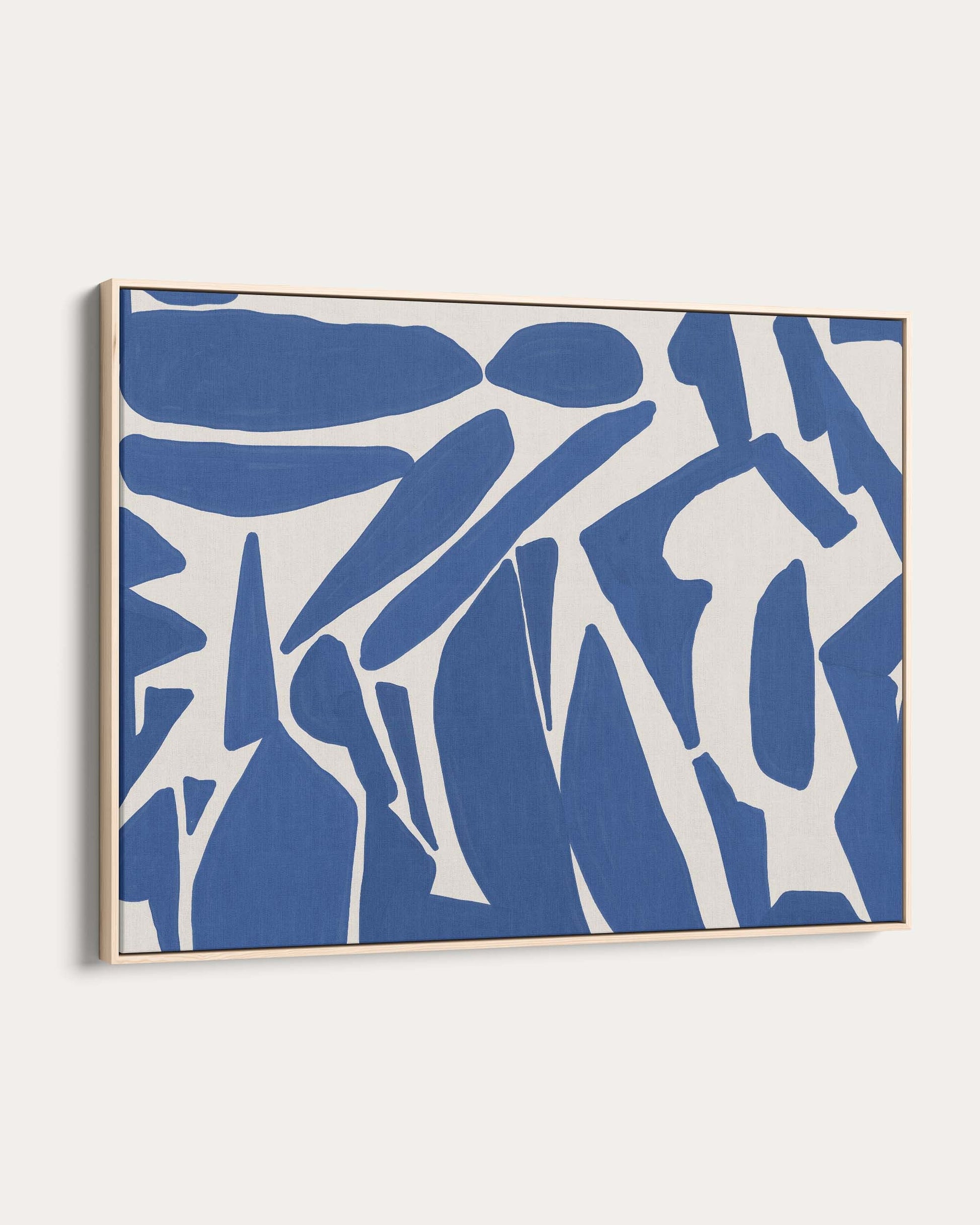 Abstract art piece with blue and white shapes on a light gray background