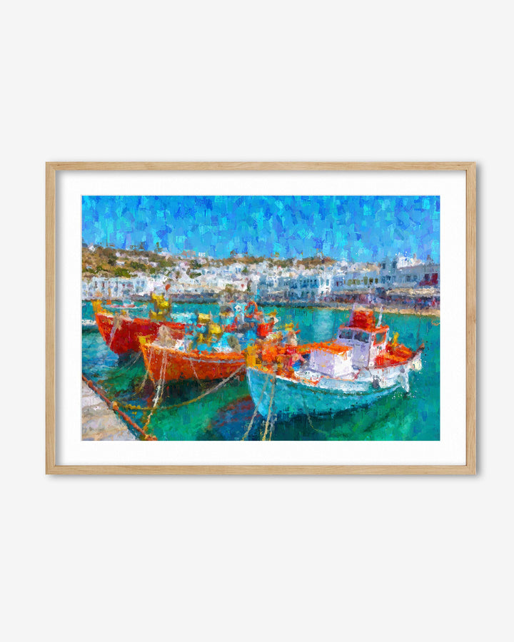 Framed artwork of colorful boats in a harbor scene