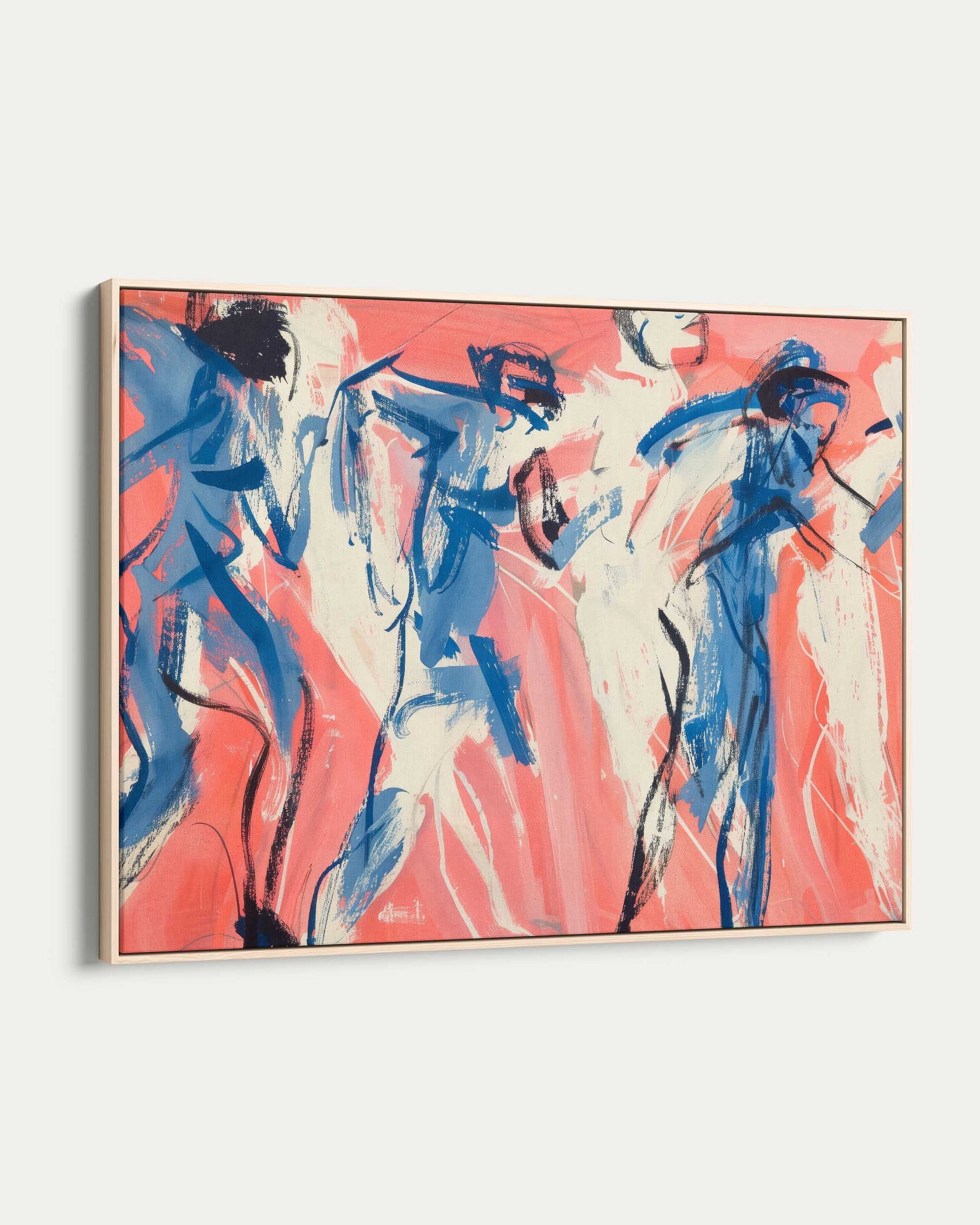 Abstract painting with blue and pink figures on a white background
