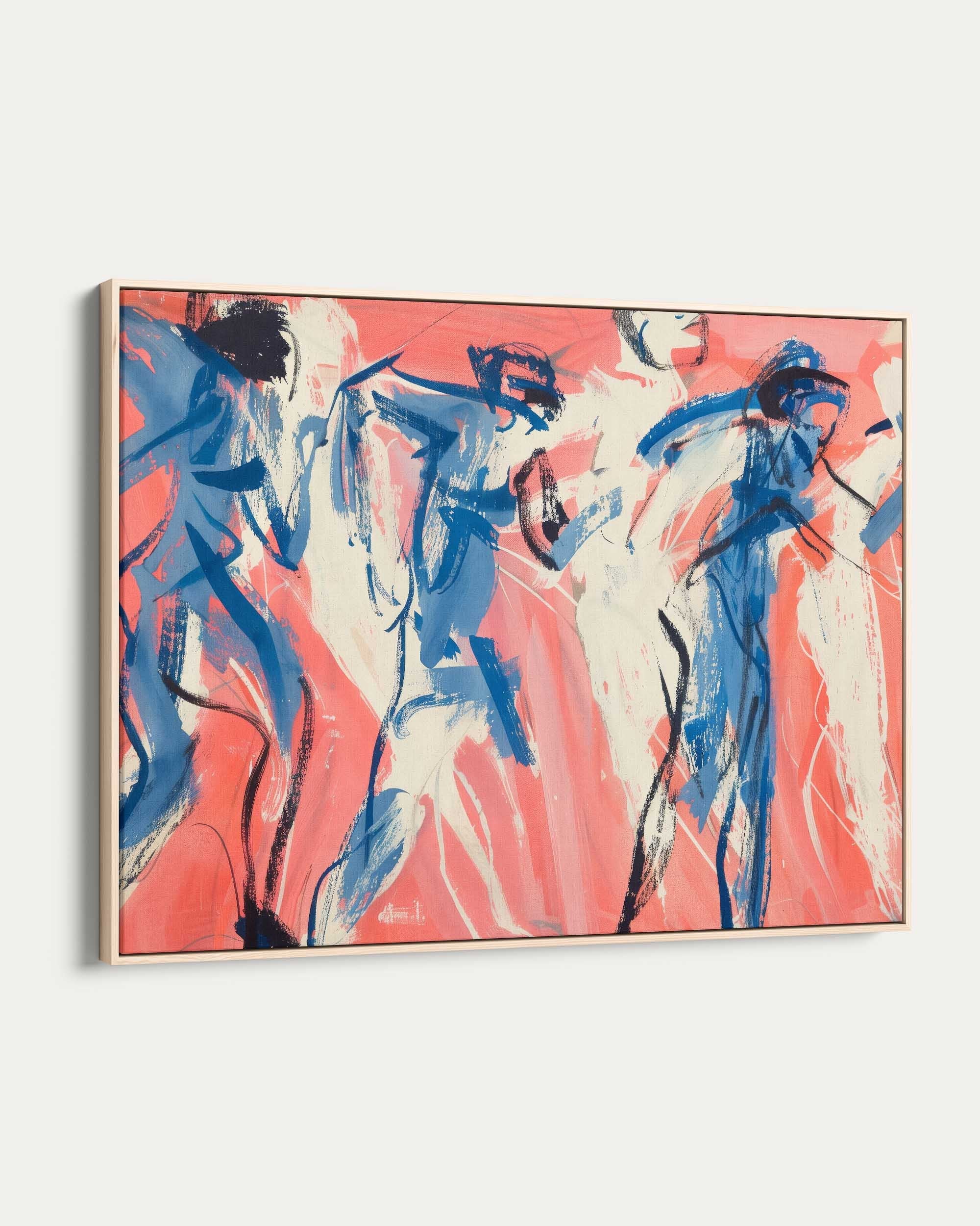 Abstract painting with blue and pink figures on a white background