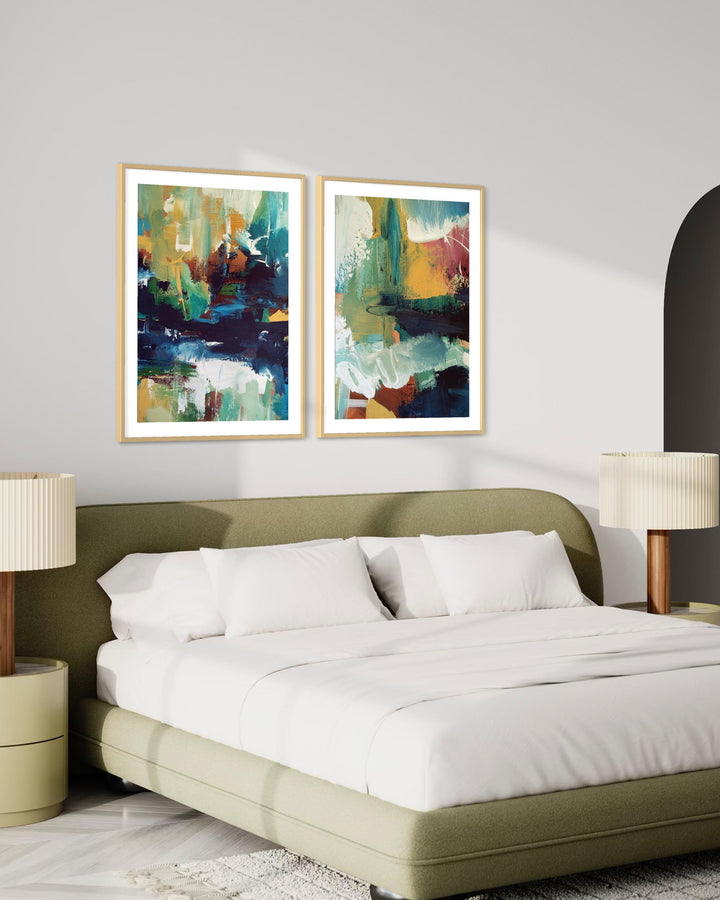 Modern bedroom with abstract art on the wall and a neatly made bed.