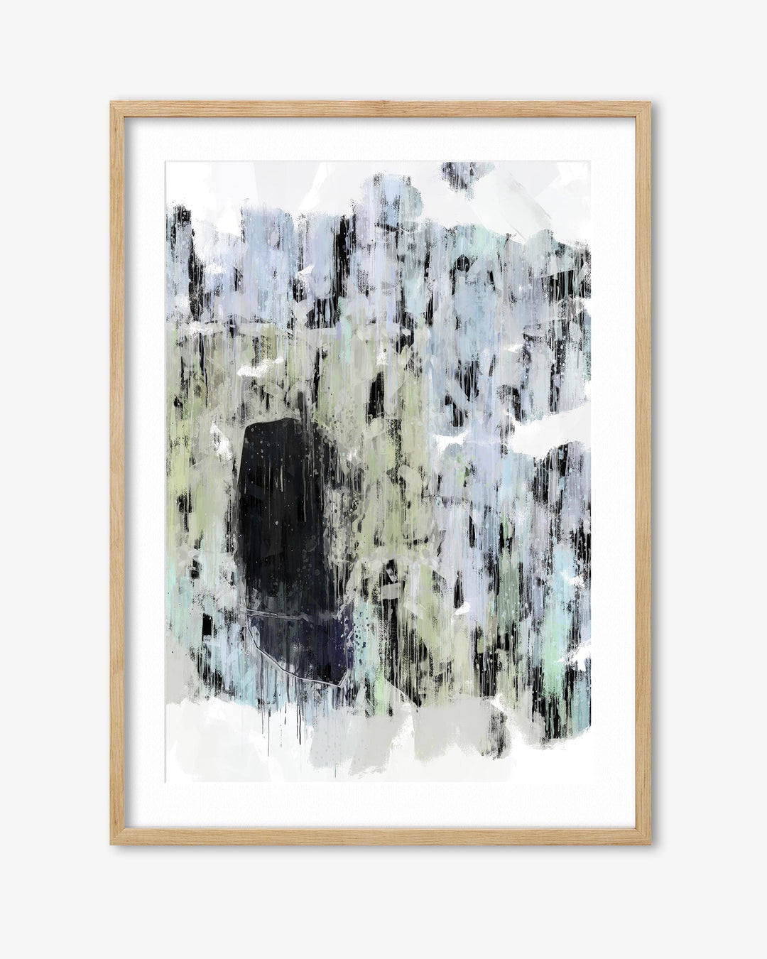 Abstract art print with black, white, and gray colors in a wooden frame on a white background