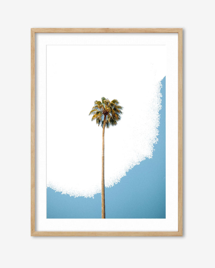 Framed artwork of a palm tree against a blue and white background