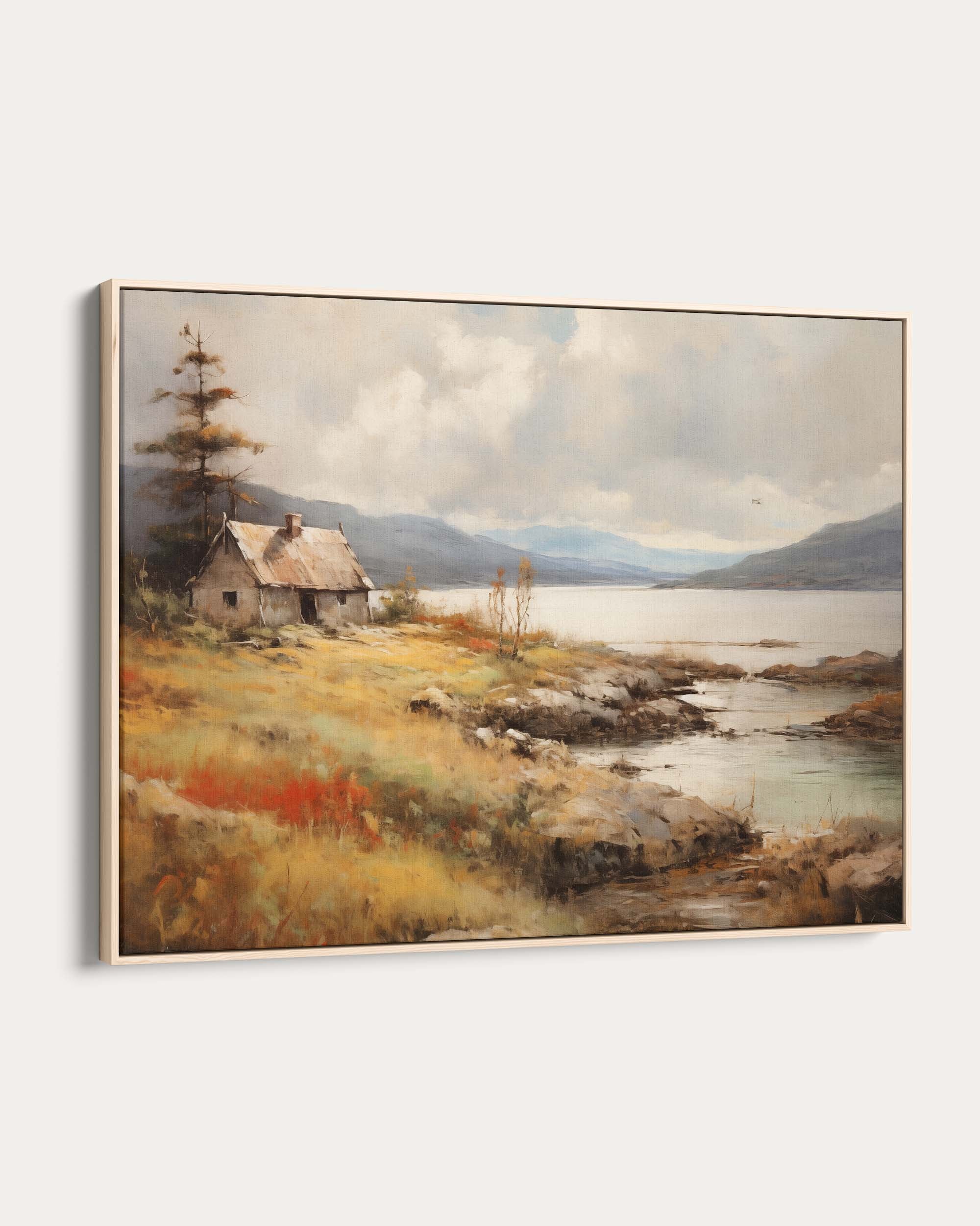 Painting of a lakeside scene with a small cabin and mountains in the background.