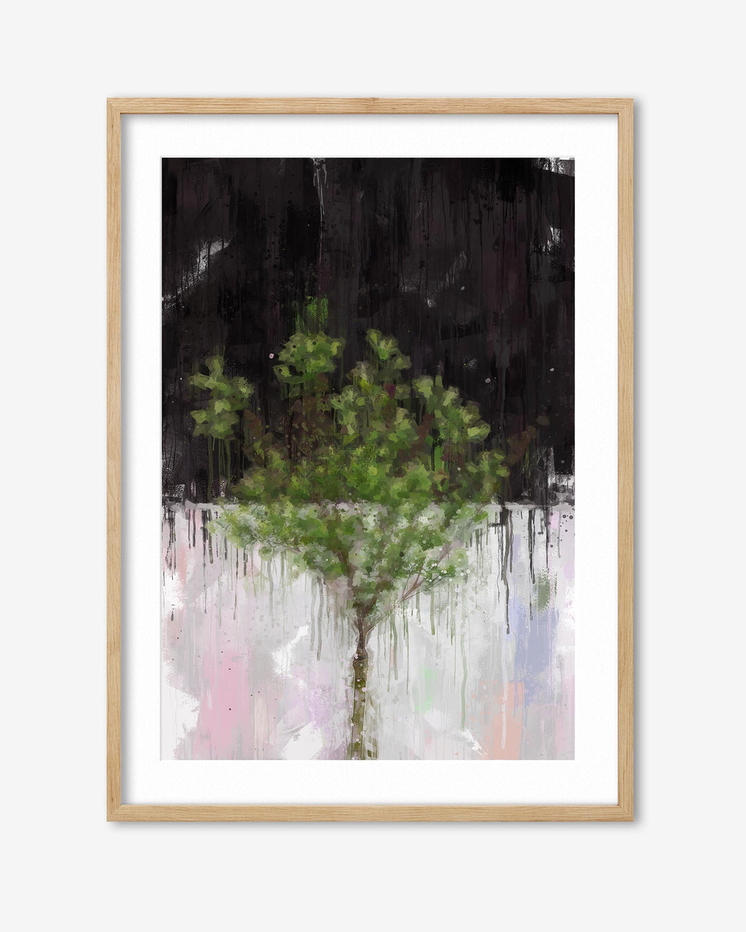 Framed artwork of a tree with abstract watercolor background