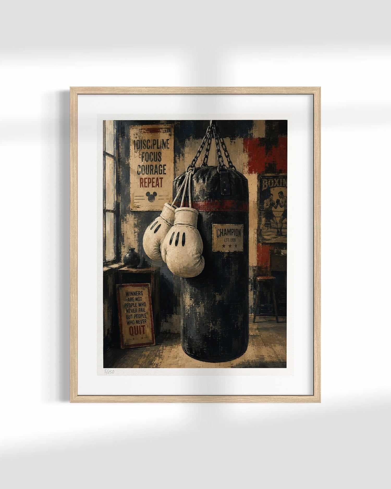 Framed wall art print showing a vintage boxing scene with a hanging punching bag, boxing gloves, and posters, displayed against a light gray wall.