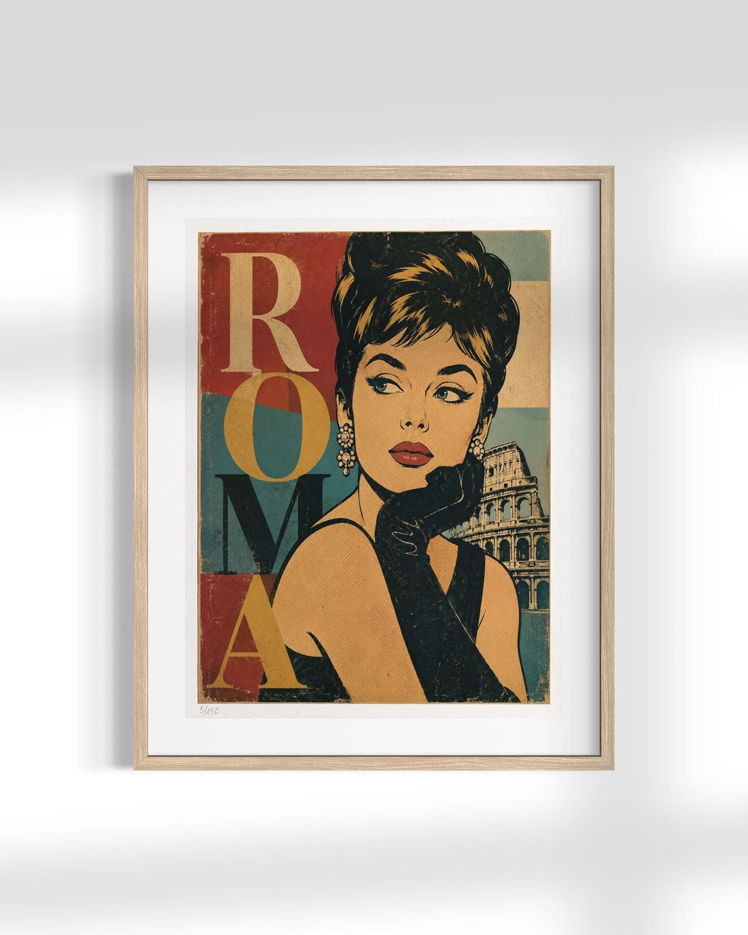 A framed art print featuring a stylized pop-art portrait of a woman with the word 'ROMA' and an illustration of the Colosseum in the background, displayed on a light gray wall.