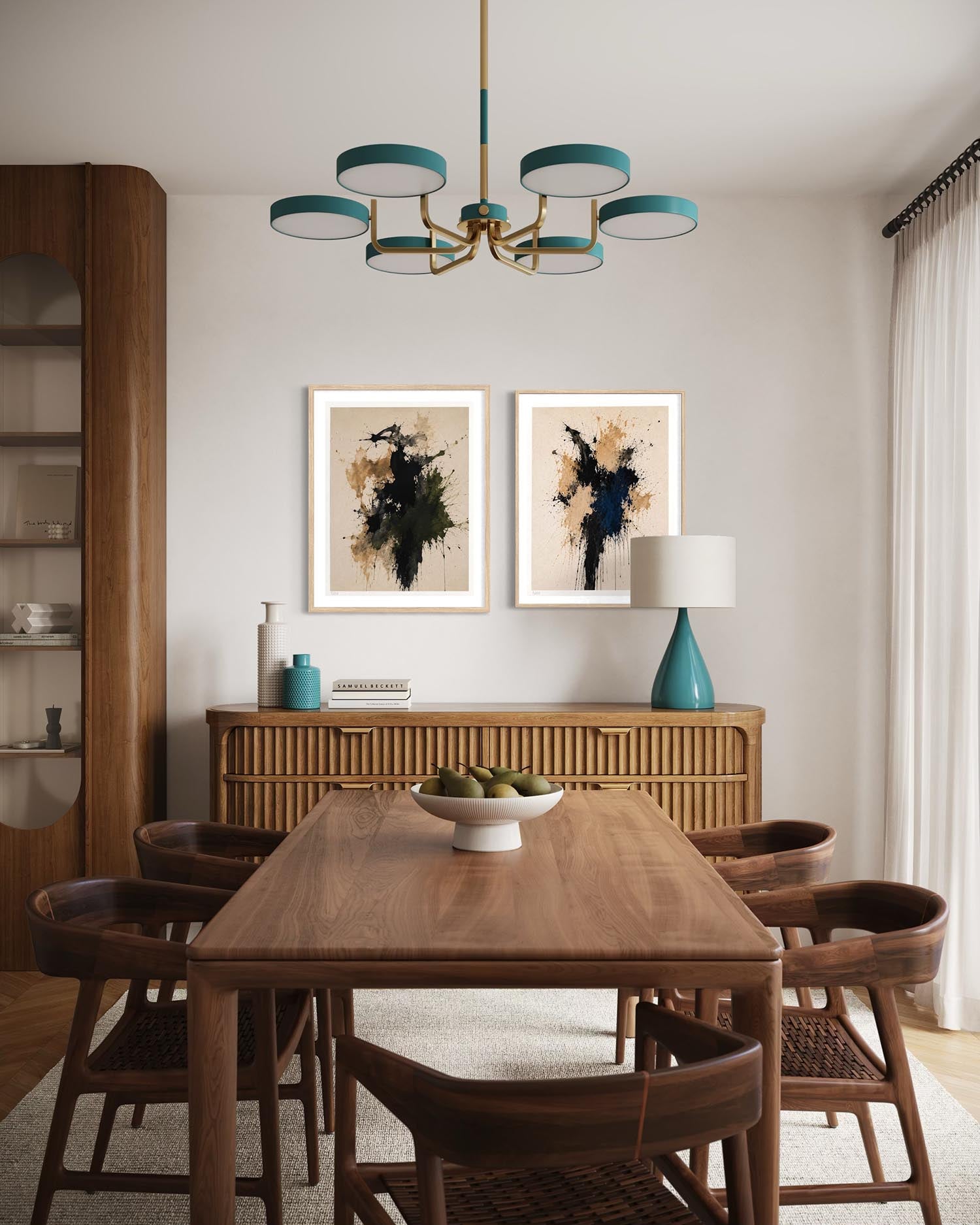 A modern dining room featuring a rectangular wooden dining table and six matching wooden chairs with woven seats. Above the table hangs a contemporary multi-light chandelier with teal shades and a gold frame.