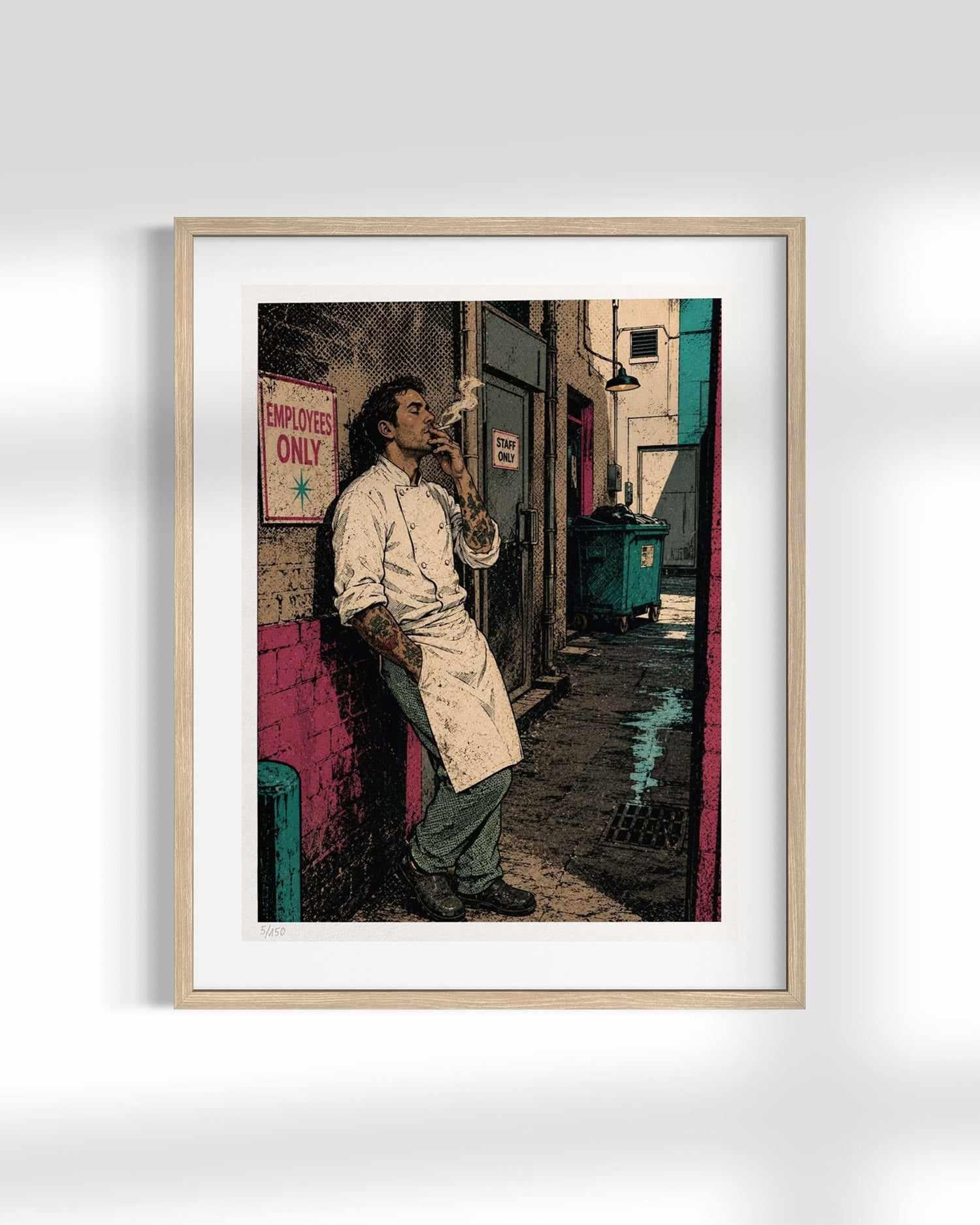 A framed art print featuring a vintage-style illustration of a man in a white apron leaning against a wall in a narrow alley, with a 'EMPLOYEE ONLY' sign and a teal dumpster. The print is matted with a white border and enclosed in a light wood frame, shown against a light gray wall with soft shadows.