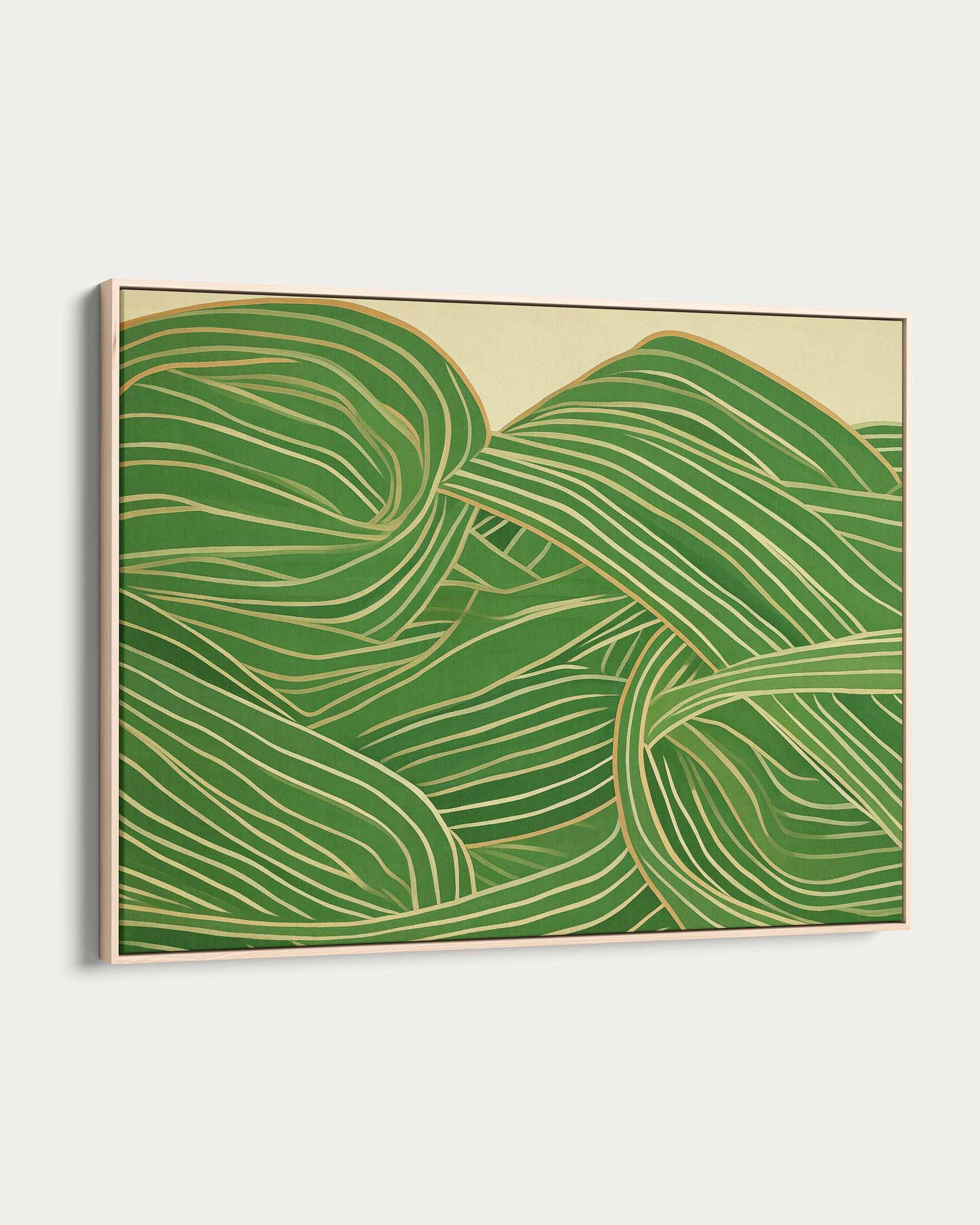 Abstract art piece with green and beige wavy lines on a white background