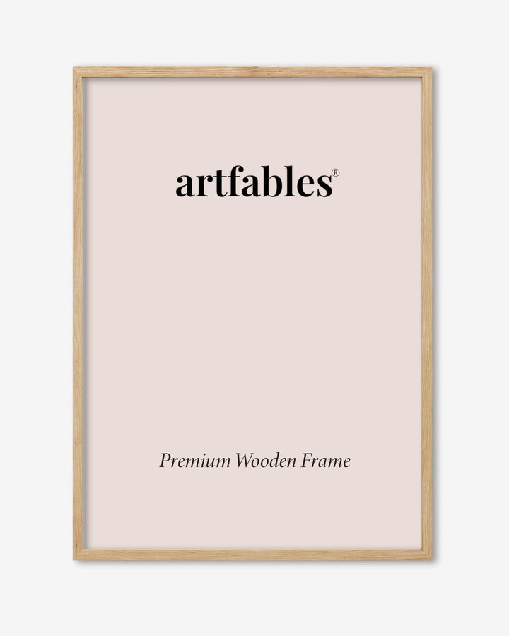 Framed poster with 'artfables' branding on a light pink background