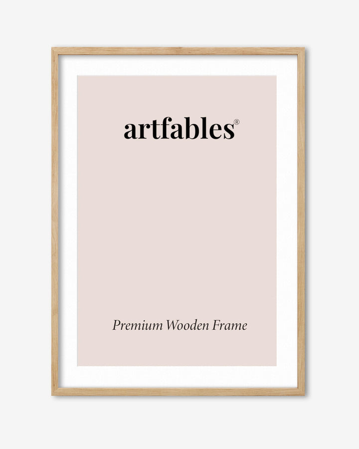 Framed poster with 'artfables' branding on a light pink background