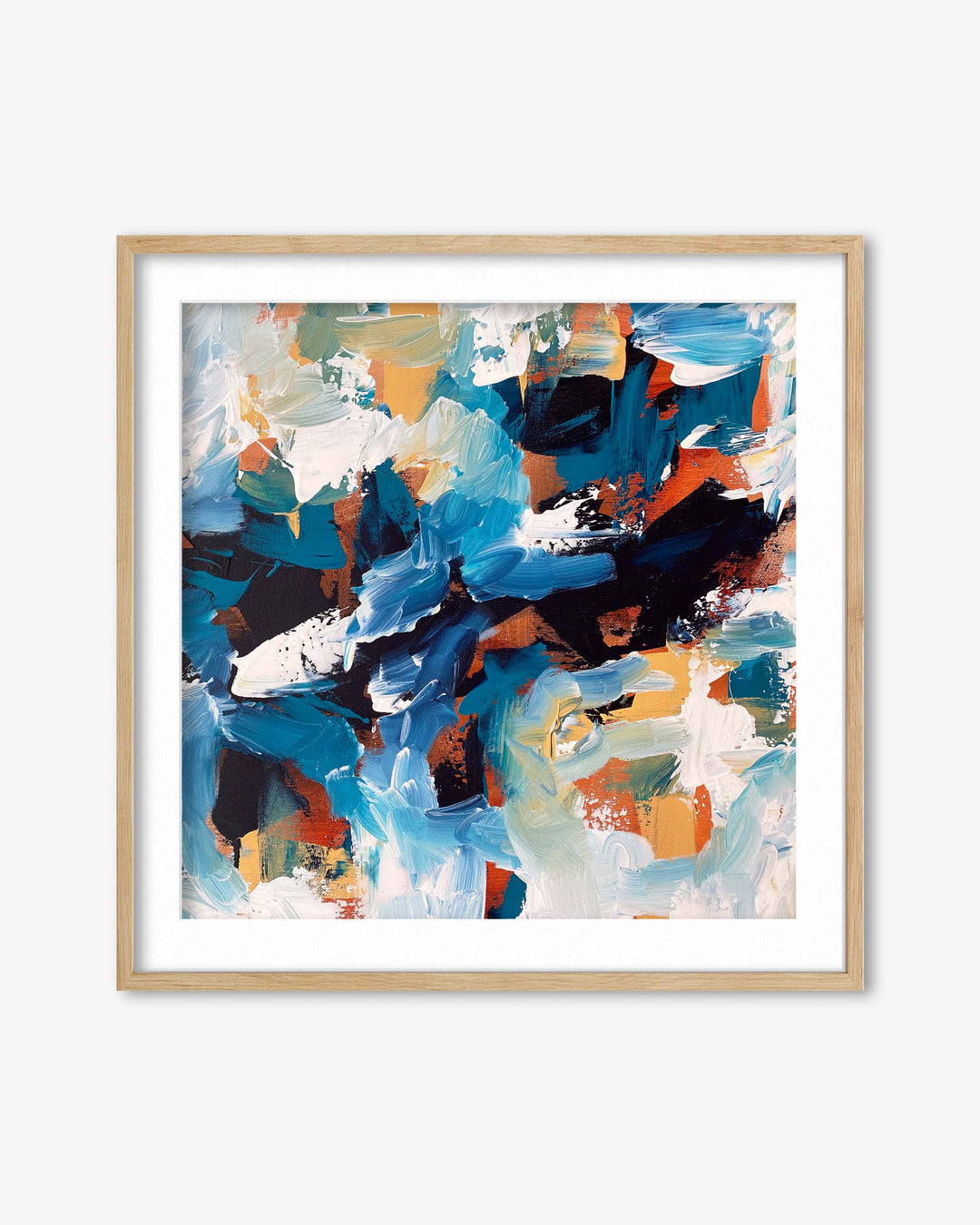 Framed abstract art print with blue, black, and orange colors on a white background