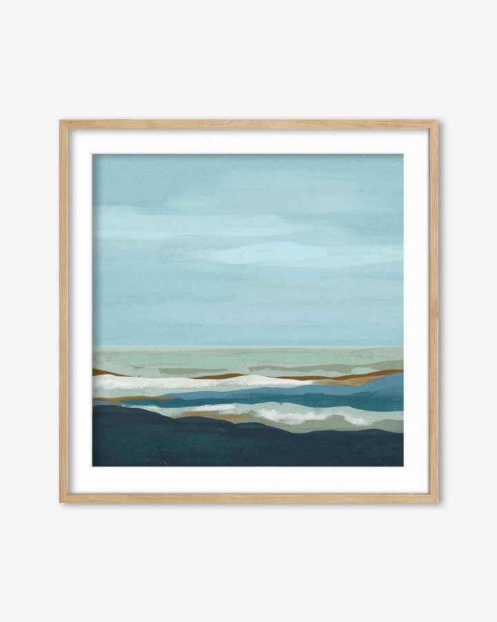 Framed abstract artwork with a blue and green color scheme on a white background