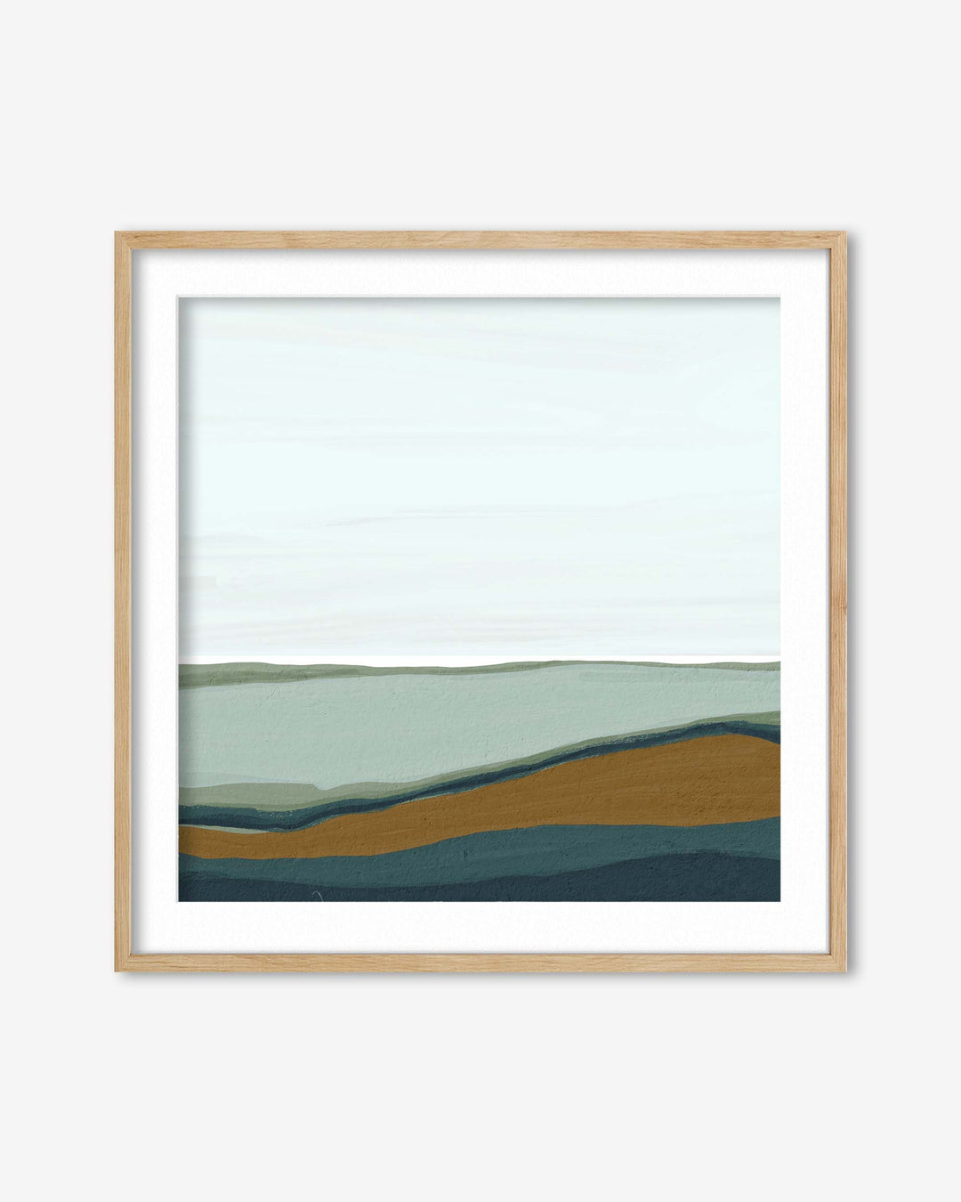 Framed abstract landscape art with wavy color patterns on a white background