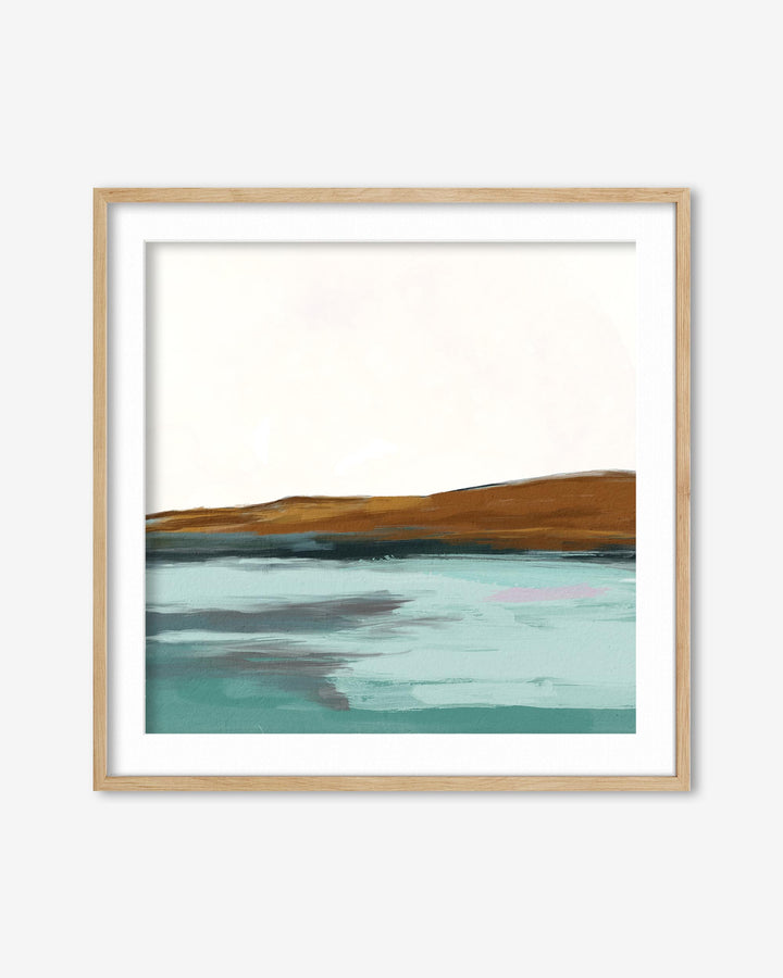 Framed abstract artwork with a landscape design on a white background