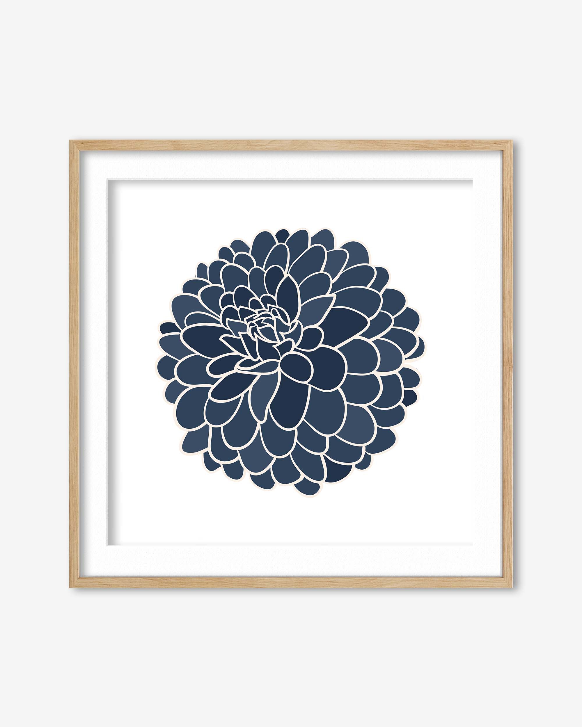 Framed artwork with a navy blue floral design on a white background