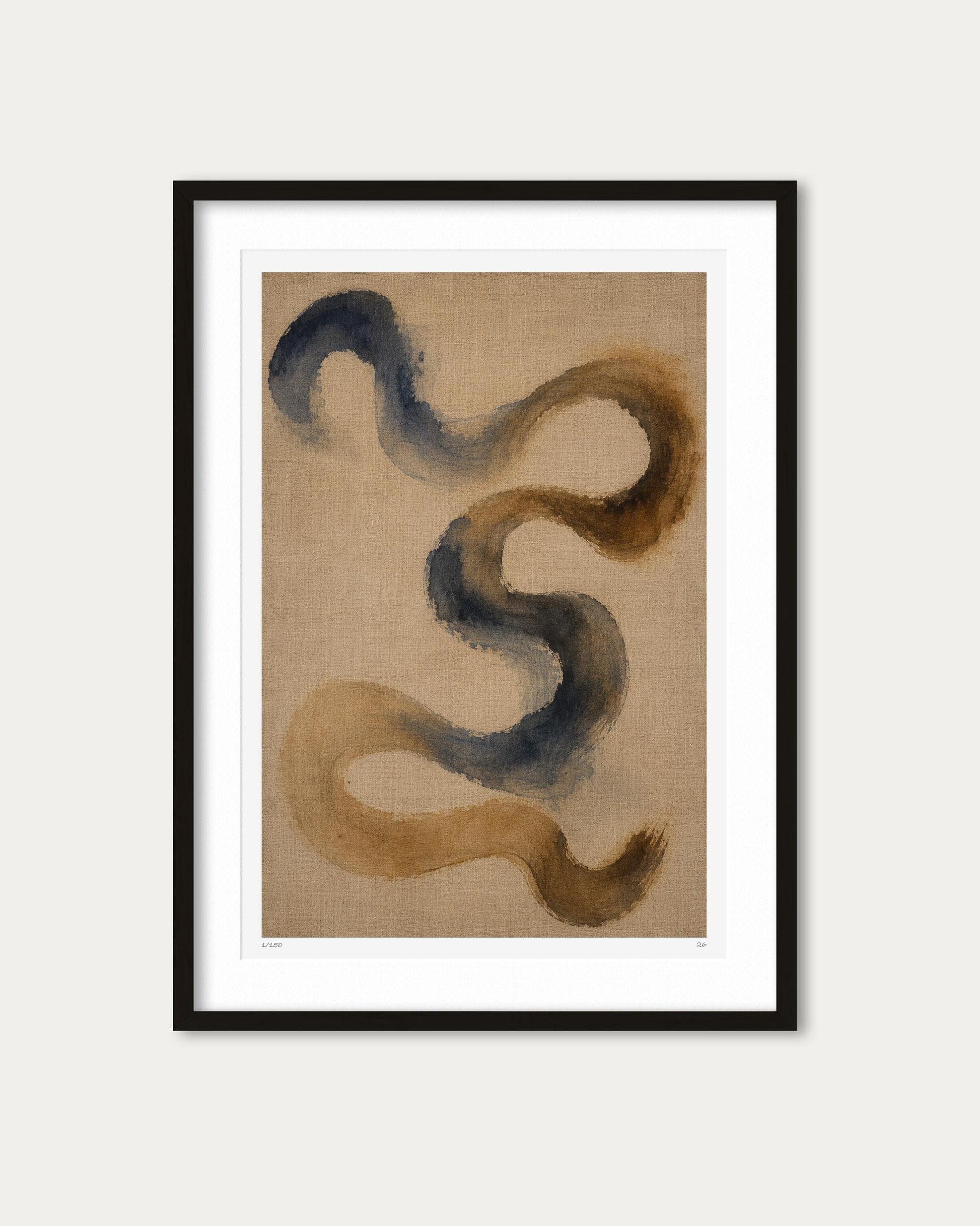 Framed abstract wall art featuring flowing, snake-like brushstrokes in dark blue-gray and warm brown on a tan textured background, presented in a black frame with a white mat against a light gray wall.