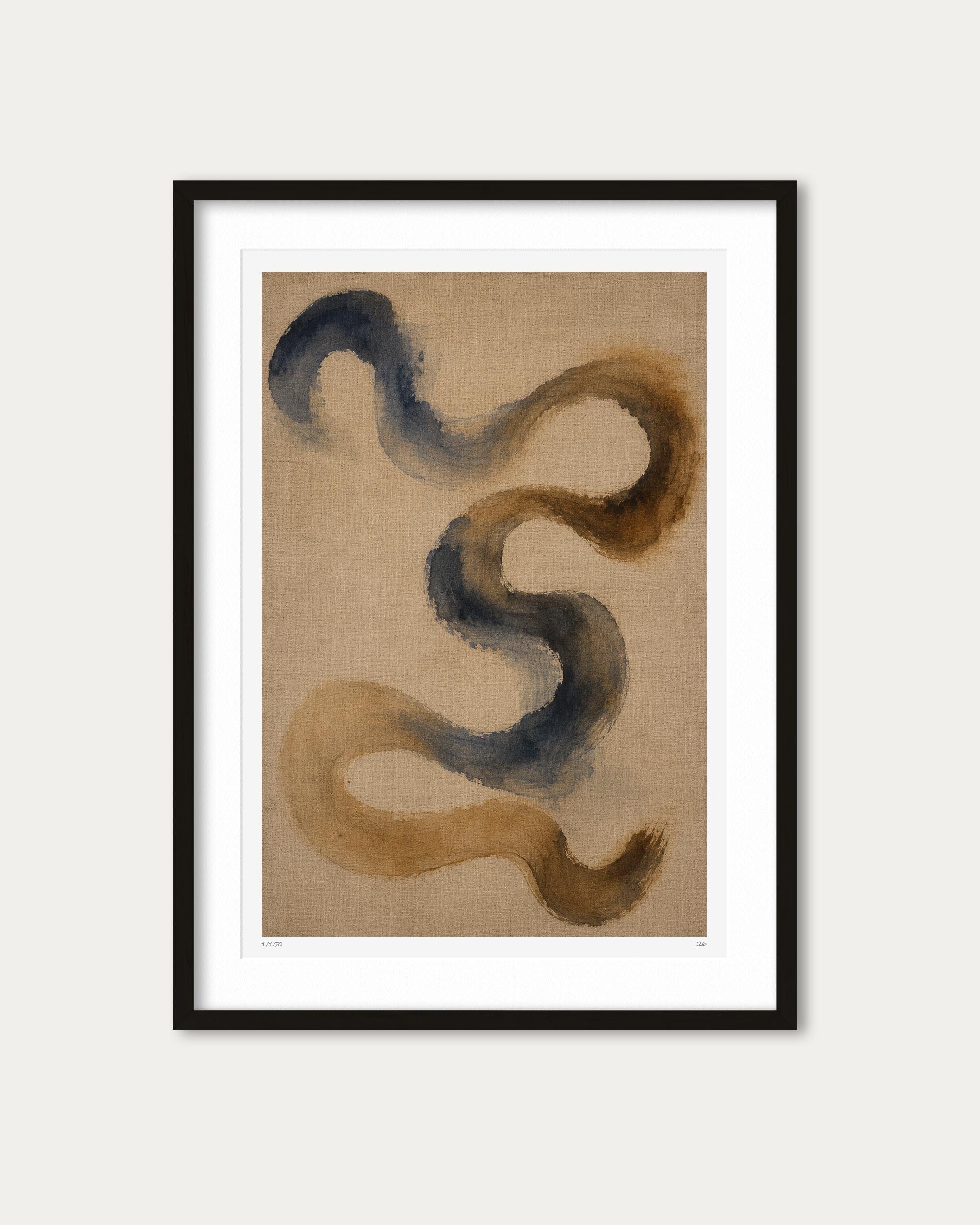 Framed abstract wall art featuring flowing, snake-like brushstrokes in dark blue-gray and warm brown on a tan textured background, presented in a black frame with a white mat against a light gray wall.