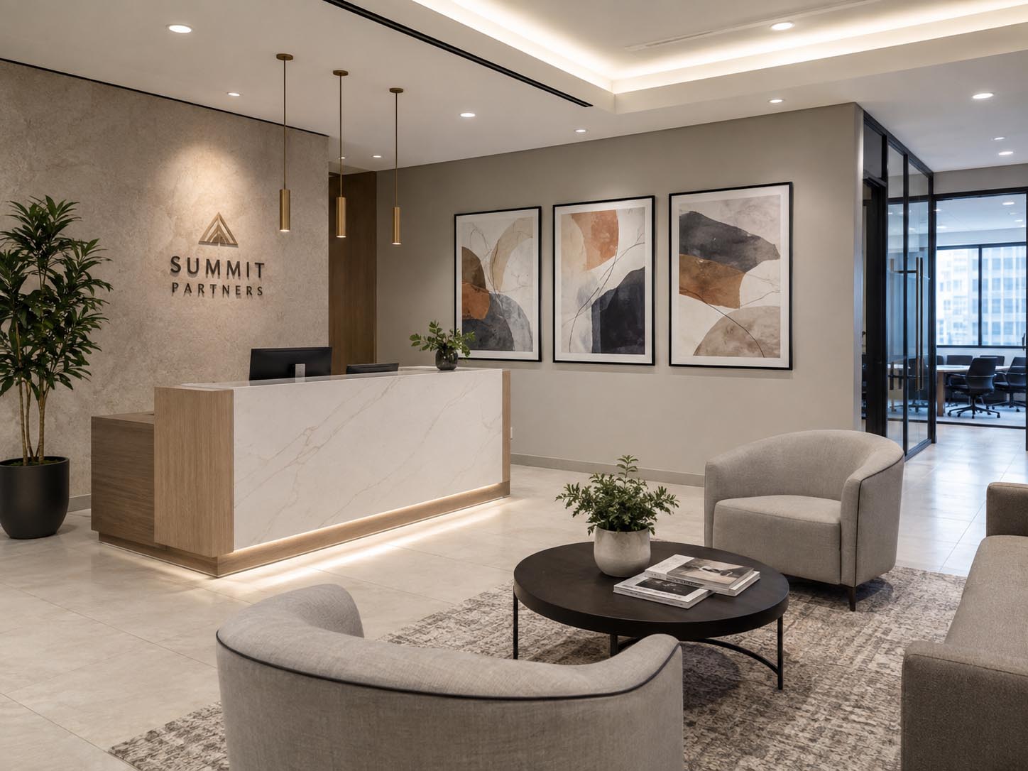 A modern office lobby with a reception desk, three gray armchairs, a round black coffee table, abstract wall art, and the Summit Partners logo on the wall.