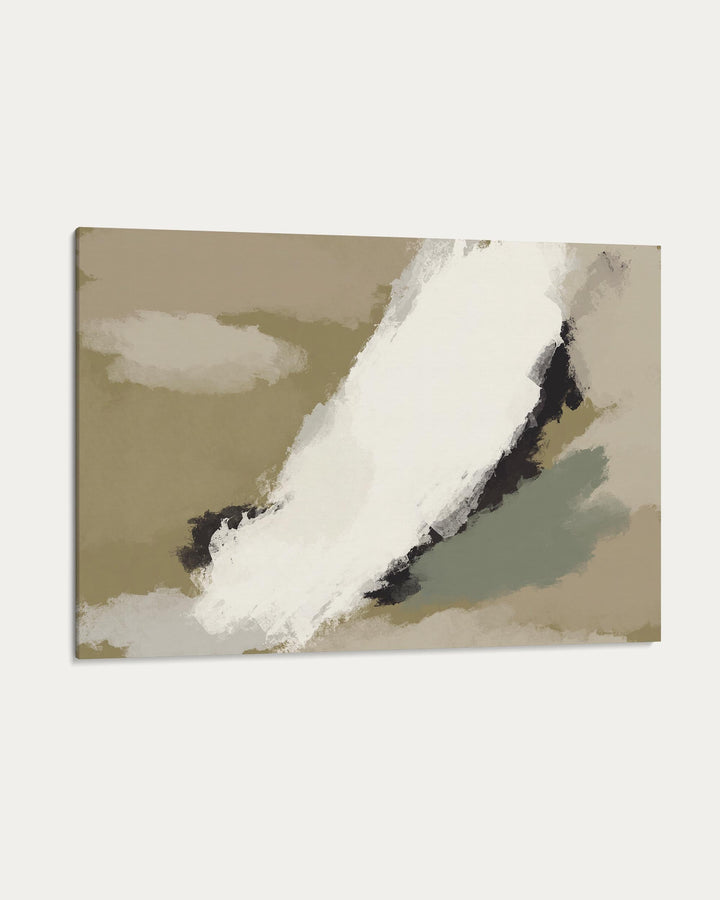 Abstract art piece with white and black shapes on a beige background