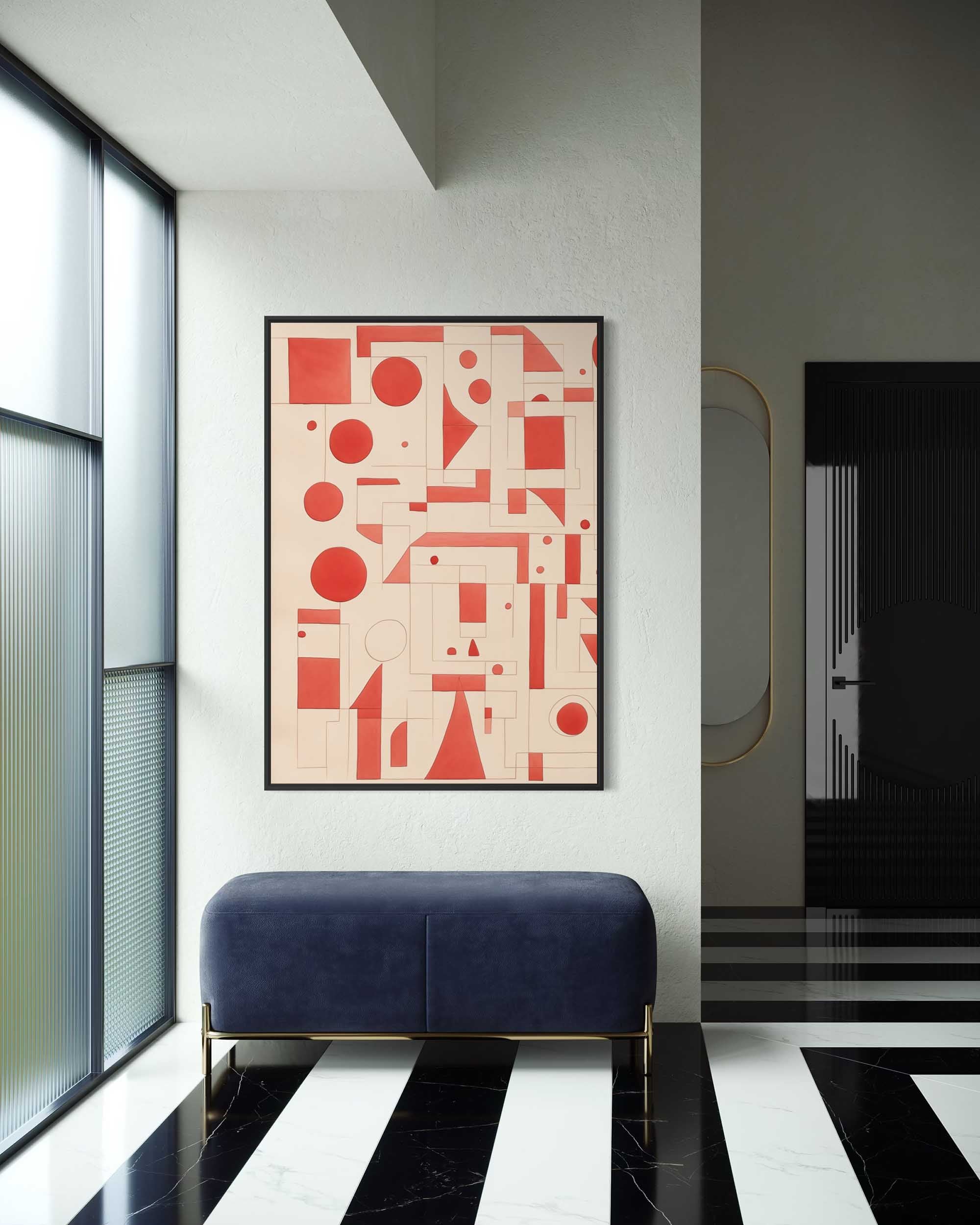 Modern interior with a geometric abstract painting and a blue bench.