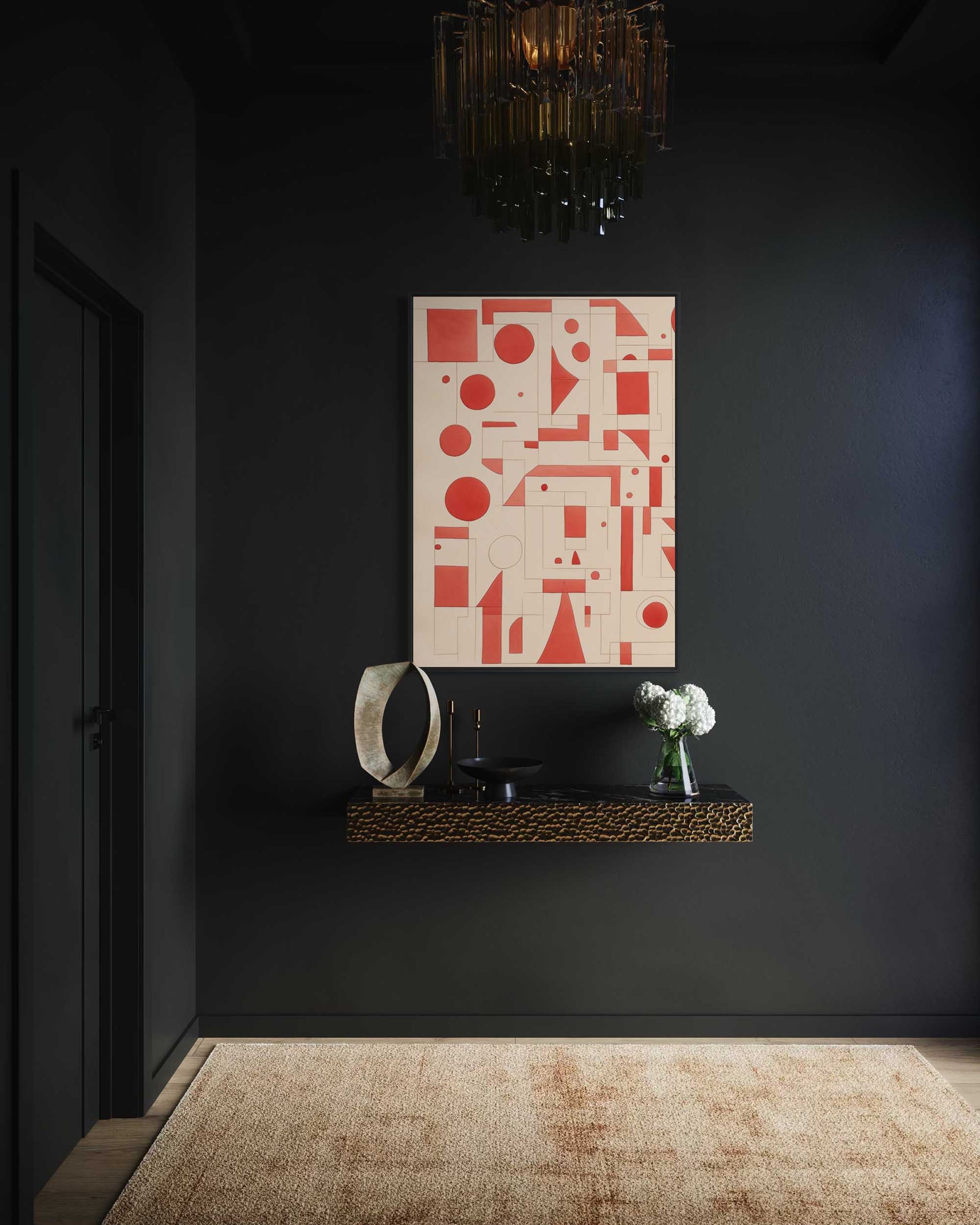 Geometric abstract art piece on a dark wall with a shelf and decorative items.