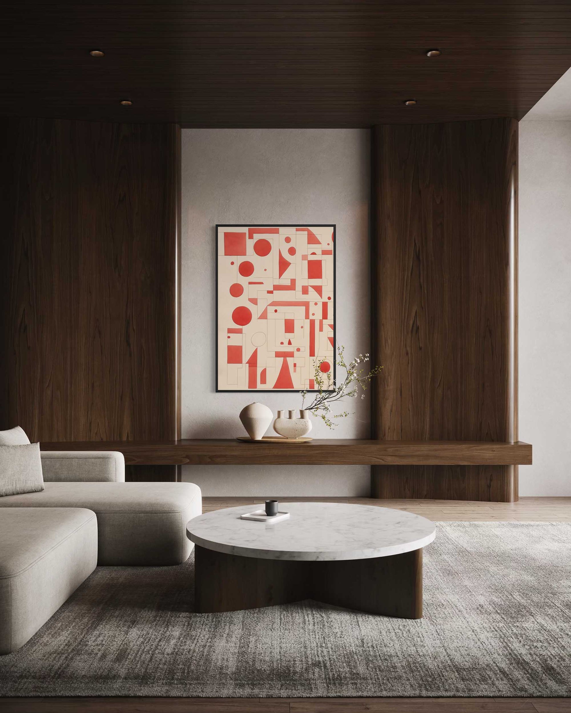 Modern living room with a geometric abstract painting on the wall.