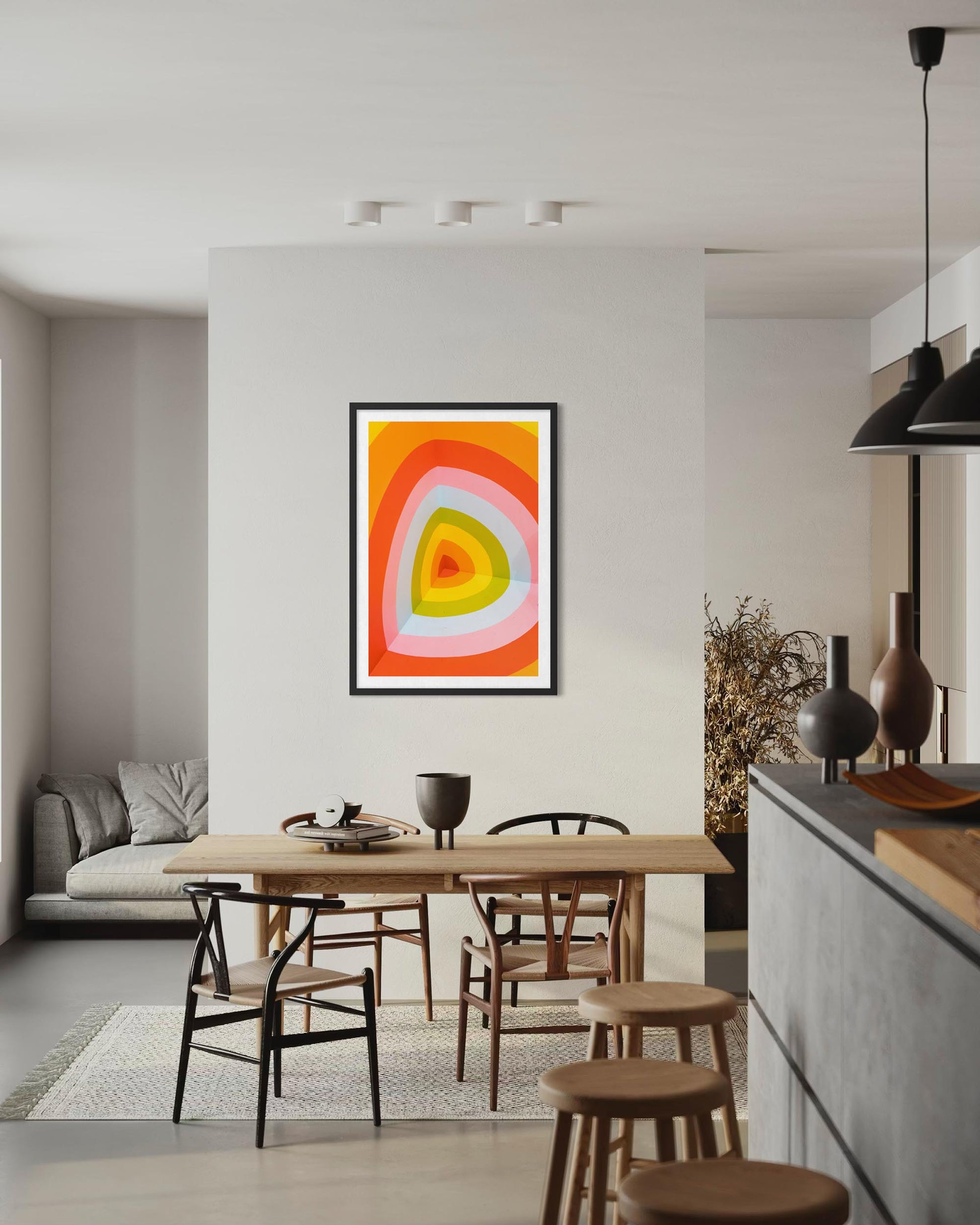 Modern kitchen with a colorful abstract painting on the wall