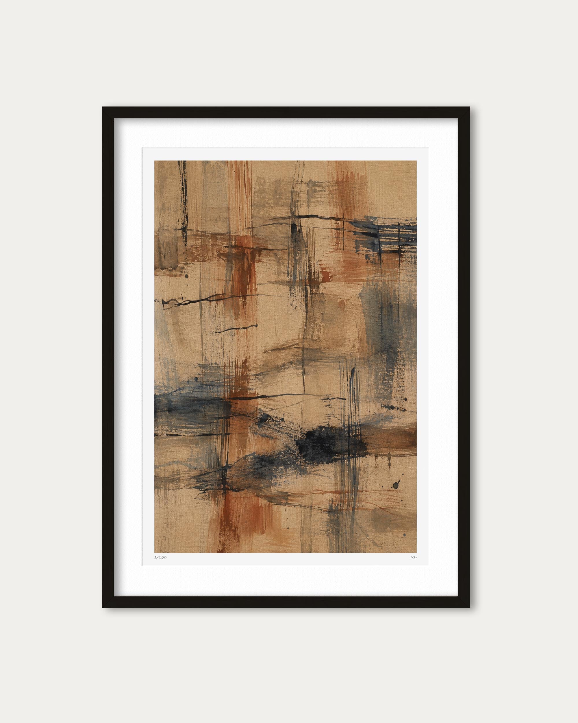 A framed abstract art print featuring textured brushstrokes in beige, brown, orange, and dark blue-gray tones, presented in a black frame with a white mat against a light gray background.