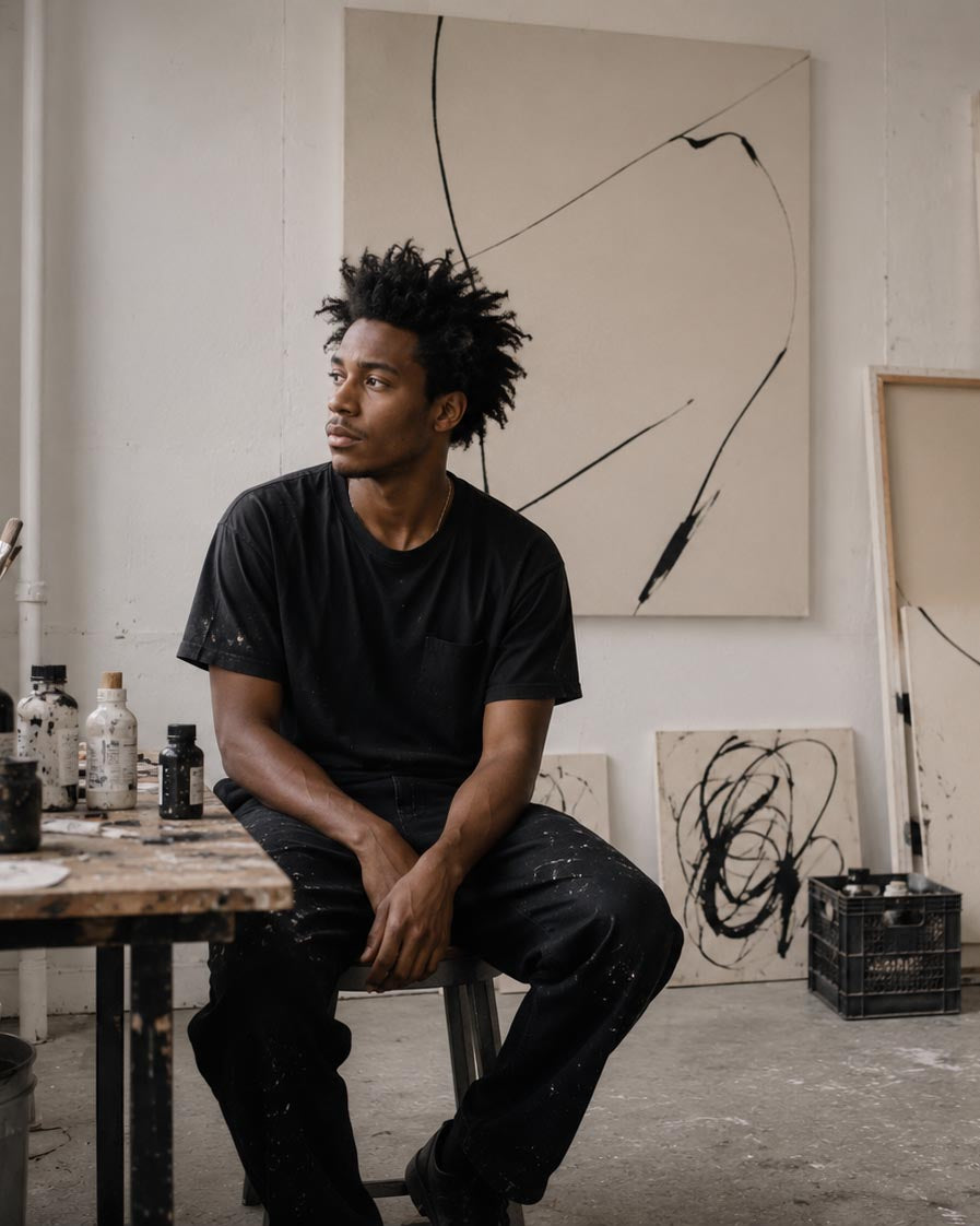 A man with short, messy black hair sits on a stool in an artist studio, wearing a black t-shirt and black pants with paint splatters. Behind him is a large abstract canvas print on a white wall, with other canvases and paint bottles on a table to his left.