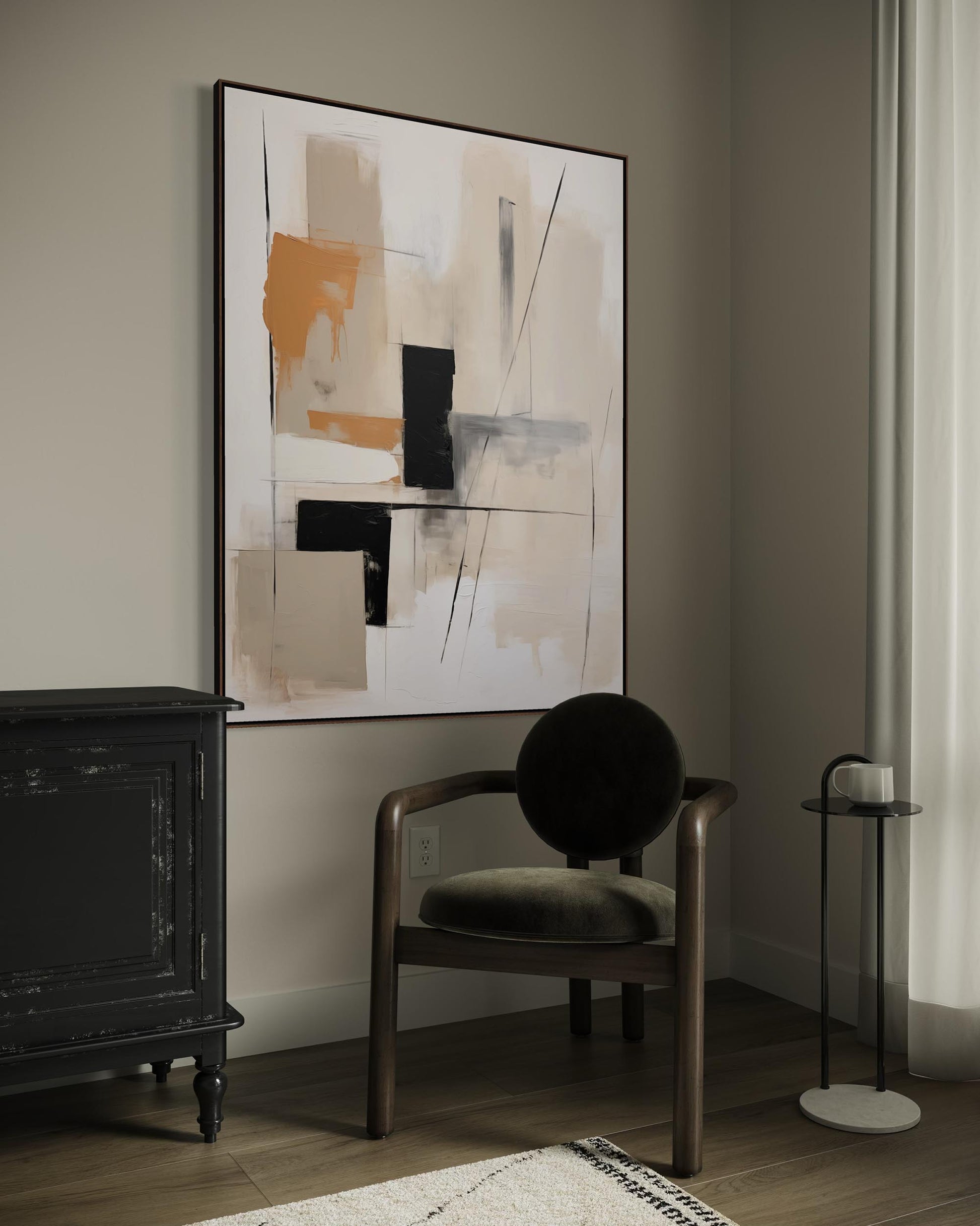 Modern interior with abstract art, chair, and side table.