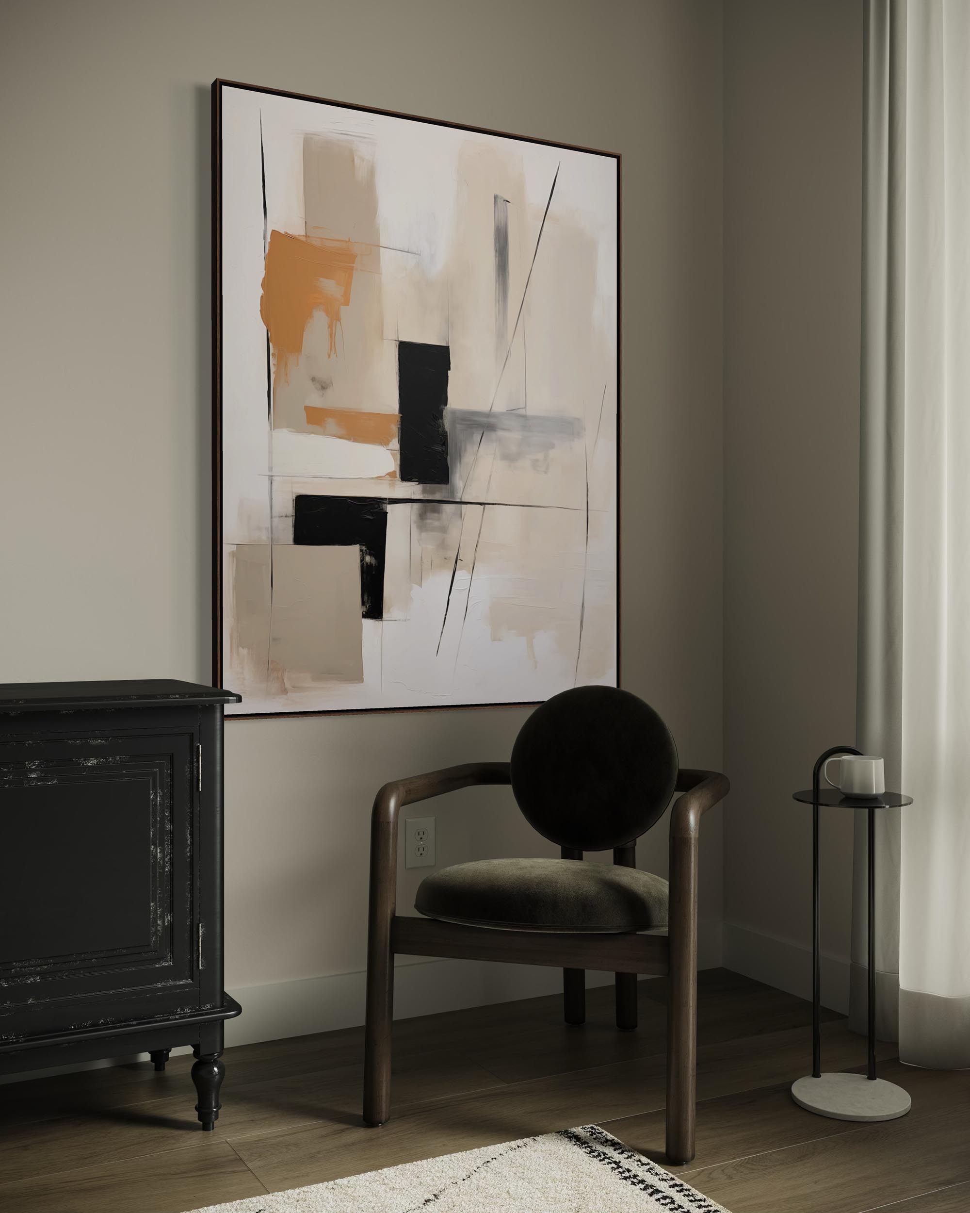 Modern interior with abstract art, chair, and side table.
