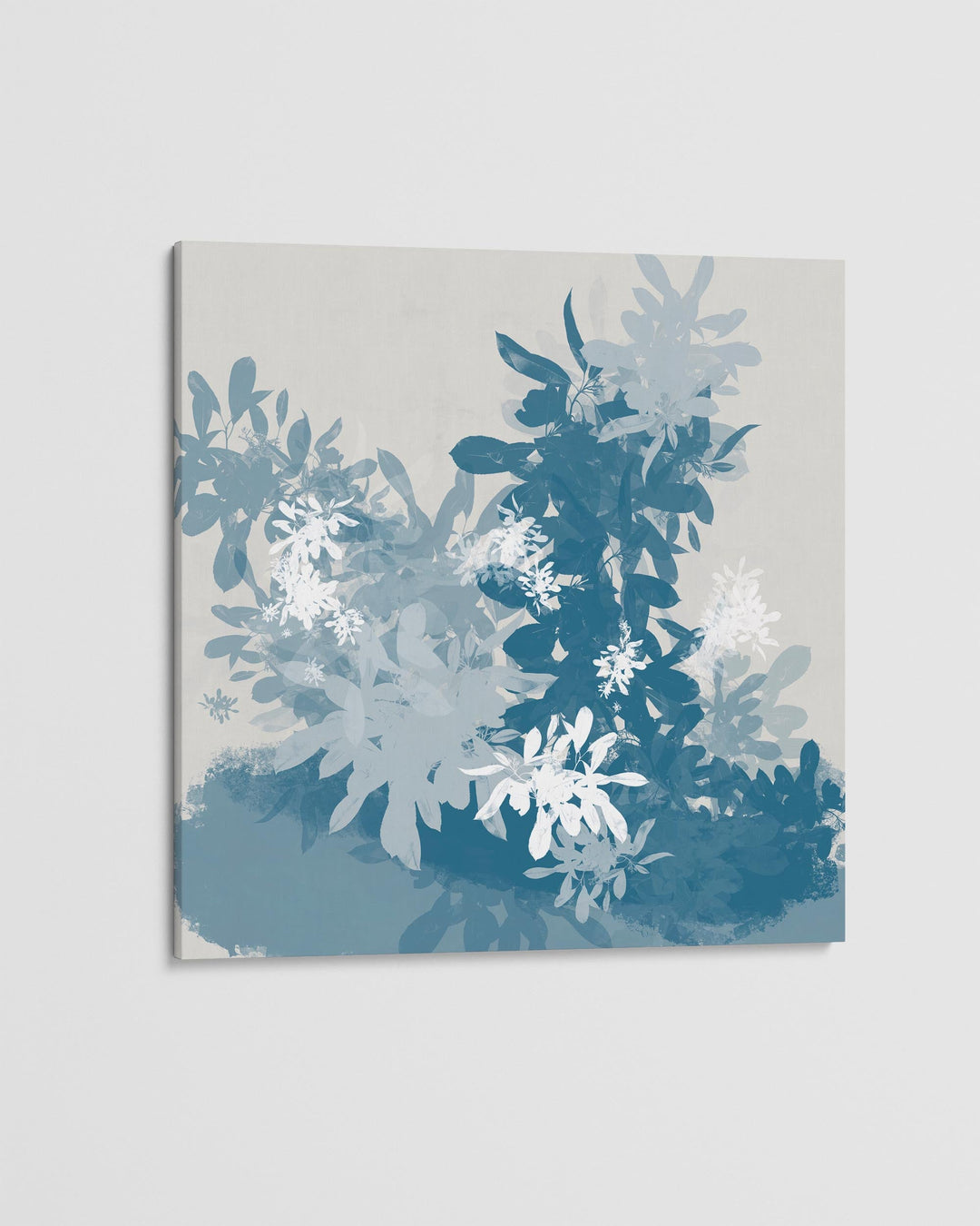 Floral art print with blue and white flowers on a light gray background