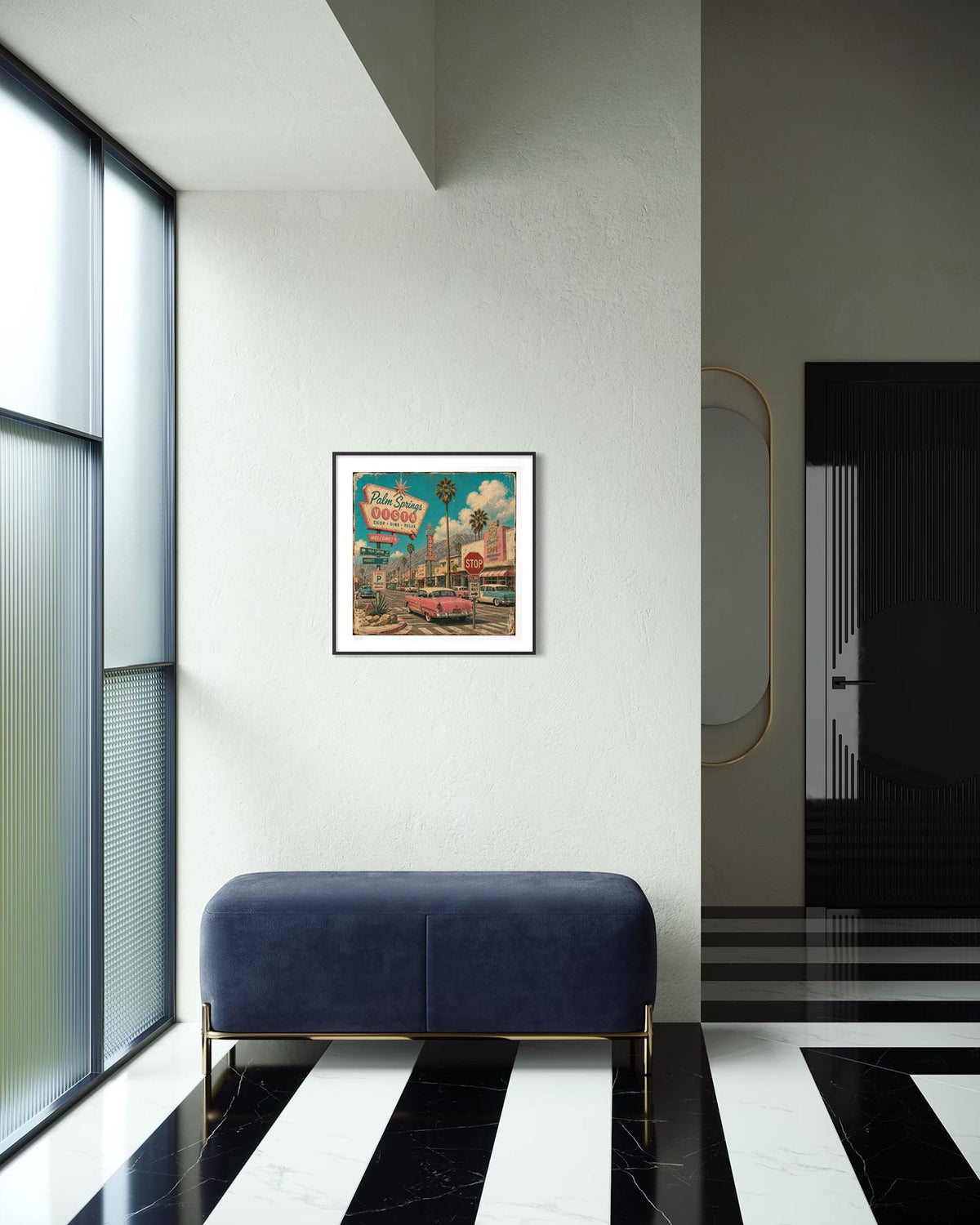 A framed vintage-style poster depicting a retro street scene hangs on a white wall in a modern interior with a blue velvet bench and black-and-white striped flooring.