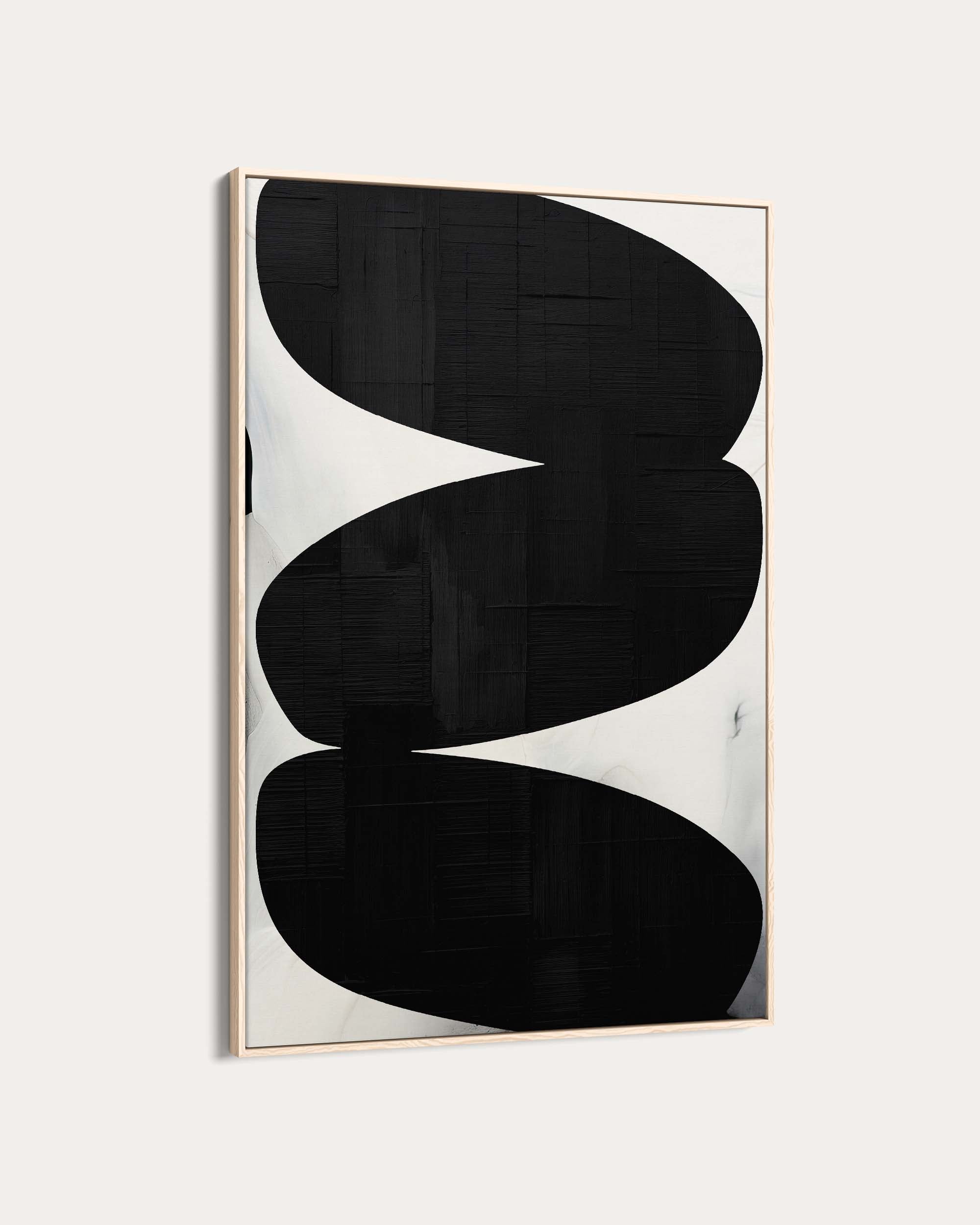 Abstract art piece with black and white shapes on a light gray background