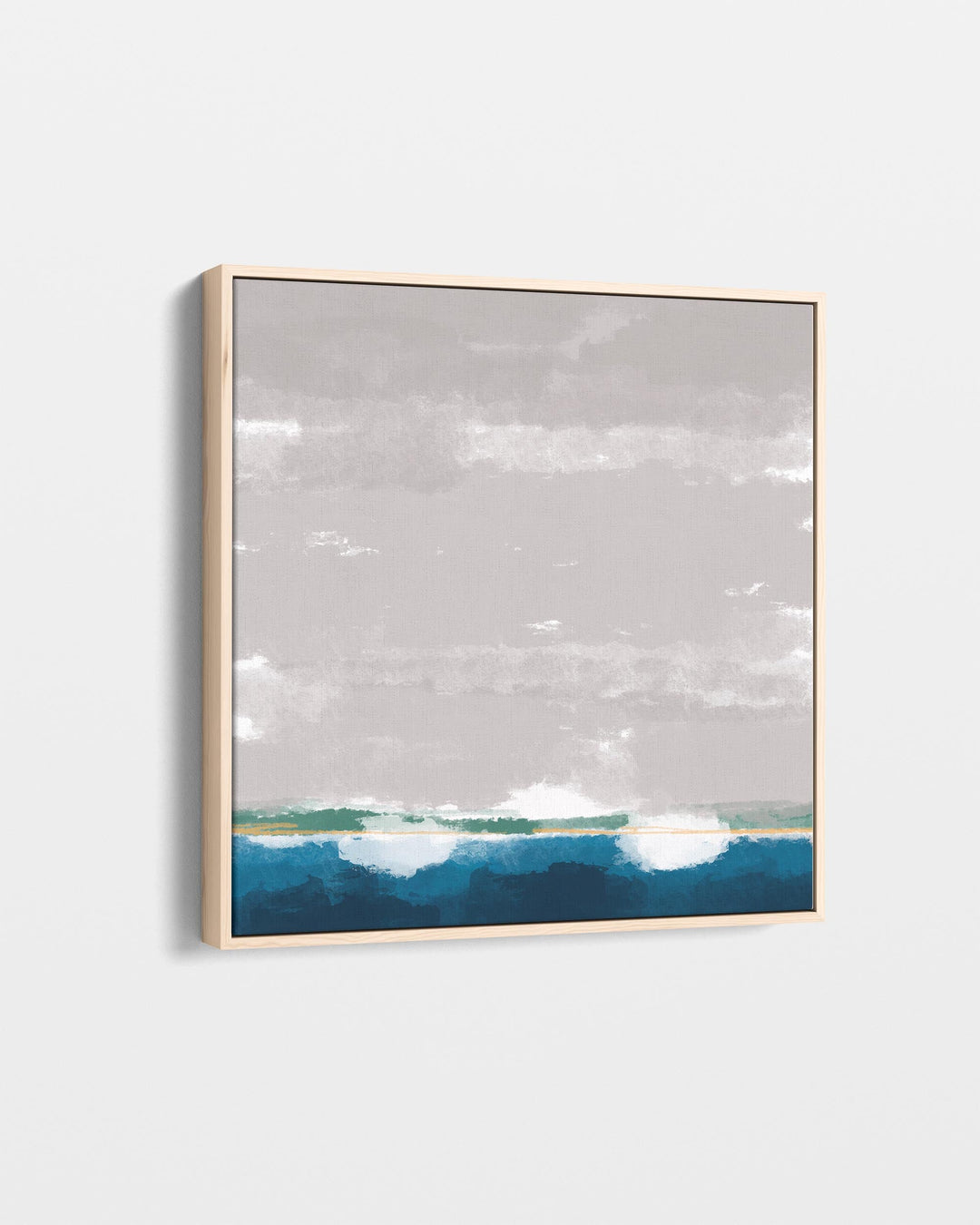 Framed artwork of a landscape with a blue sky and green field on a white background