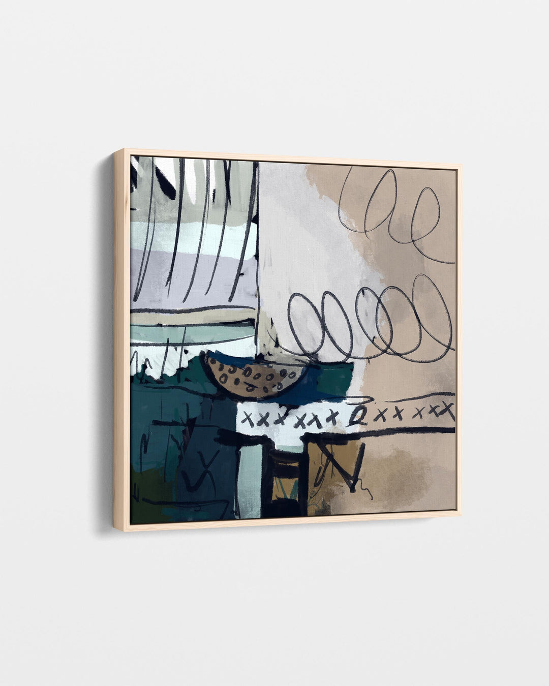 Abstract artwork with geometric shapes on a light gray background