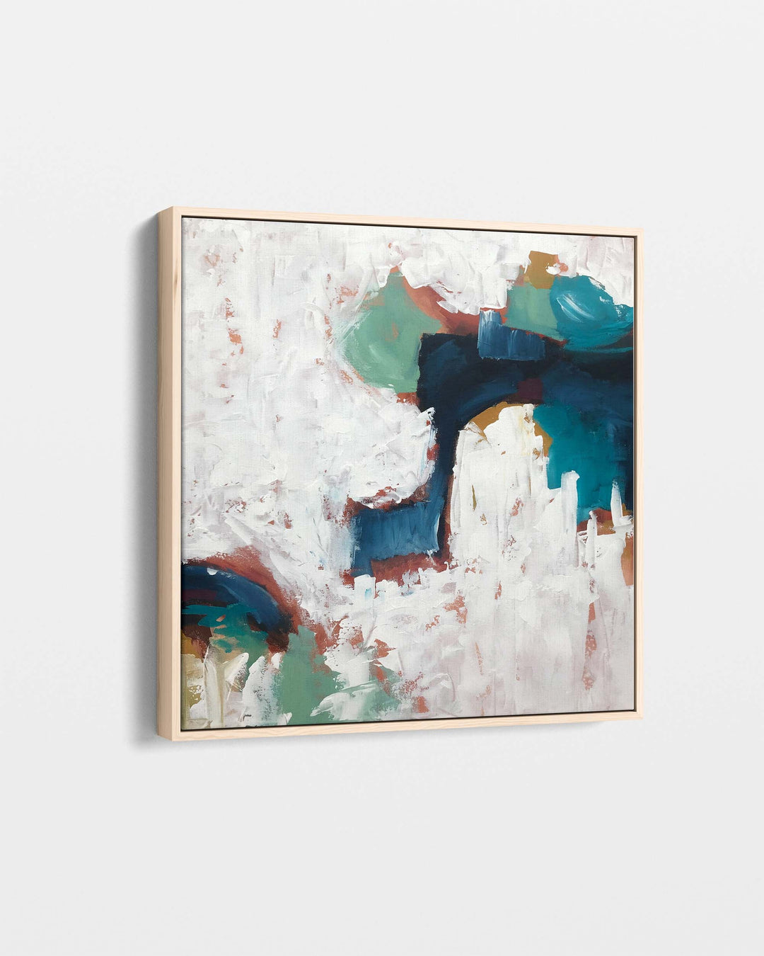 Abstract art piece with blue, green, and white colors on a light gray background