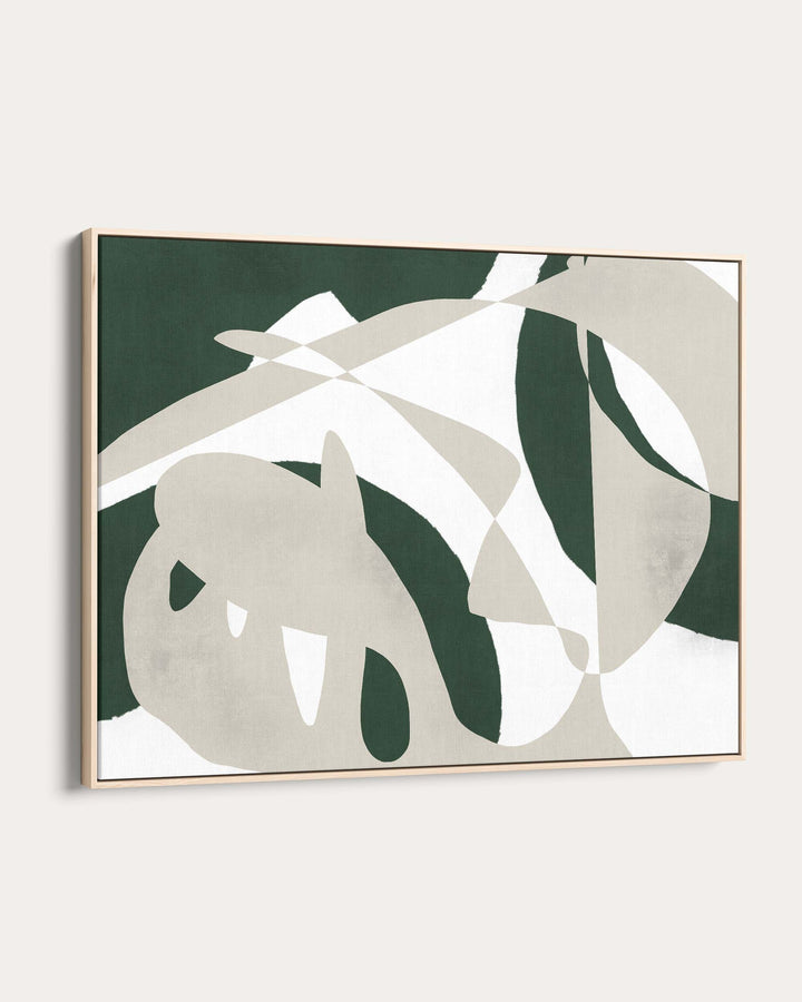 Framed artwork with green and beige abstract leaf design on a white wall