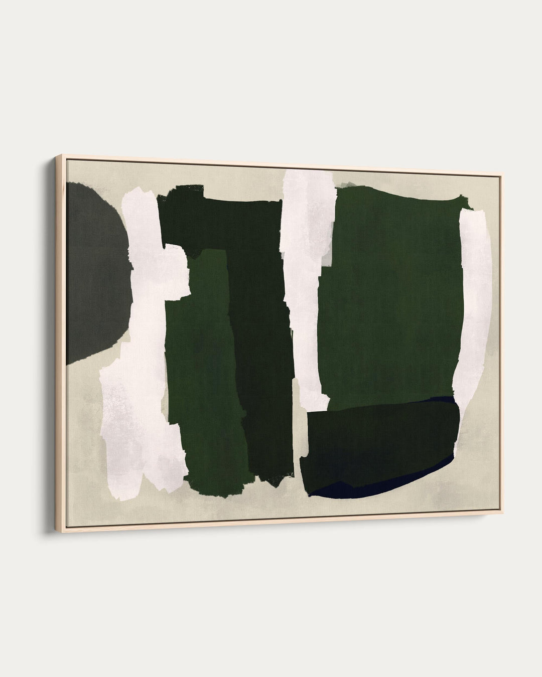 Abstract art piece with green and white shapes on a beige background