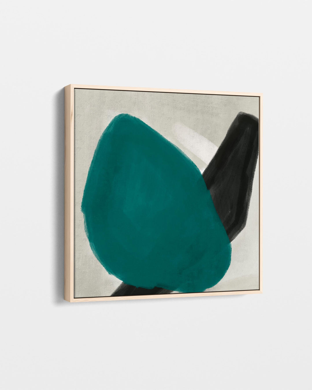 Abstract art piece with teal and black shapes on a light gray background