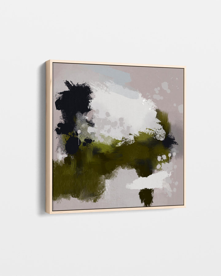 Abstract art piece with black, white, and green colors on a light gray background