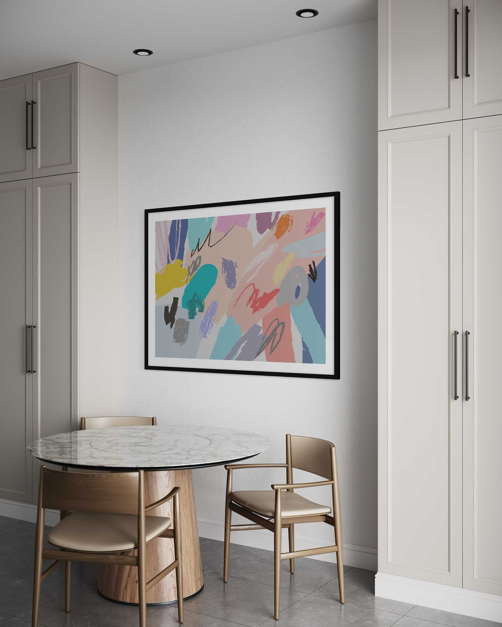 Dining area with a round table and chairs, featuring a colorful abstract painting on the wall.