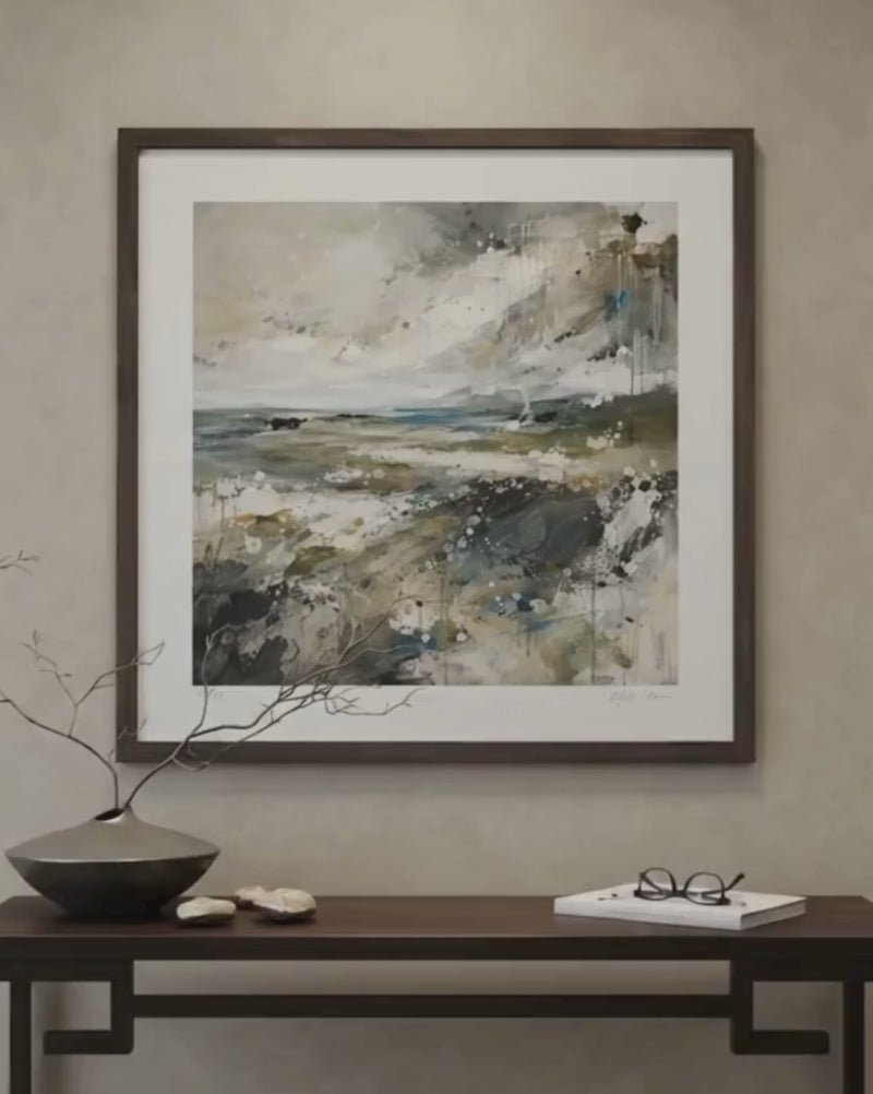 video of framed bstract seascape art on the wall
