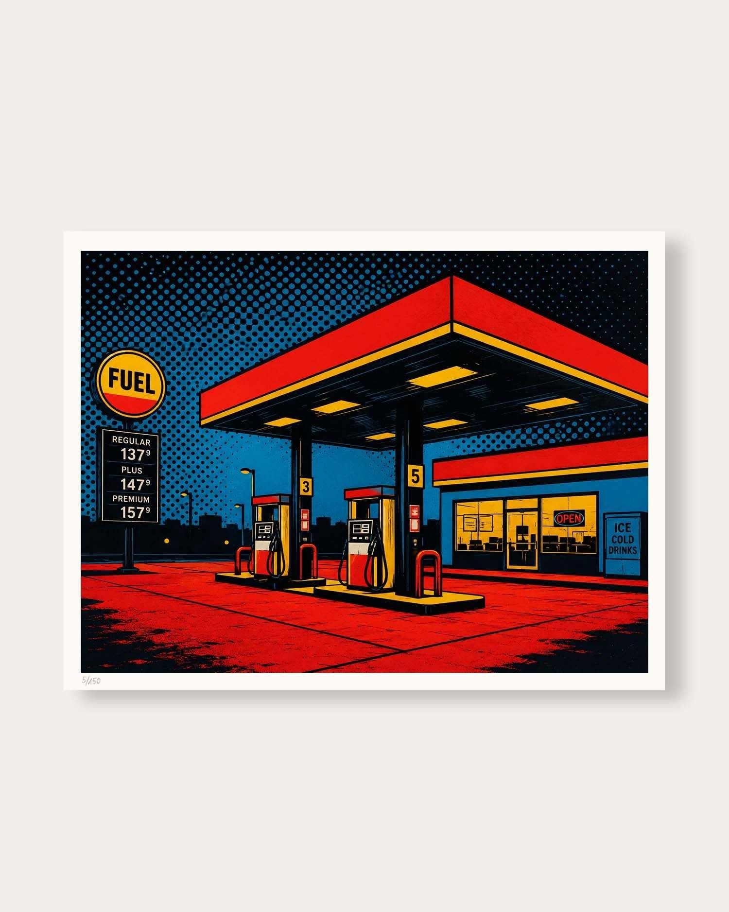 A pop art style poster print of a retro gas station, featuring bold red, yellow, and black colors with halftone dot patterns, shown against a light gray background.