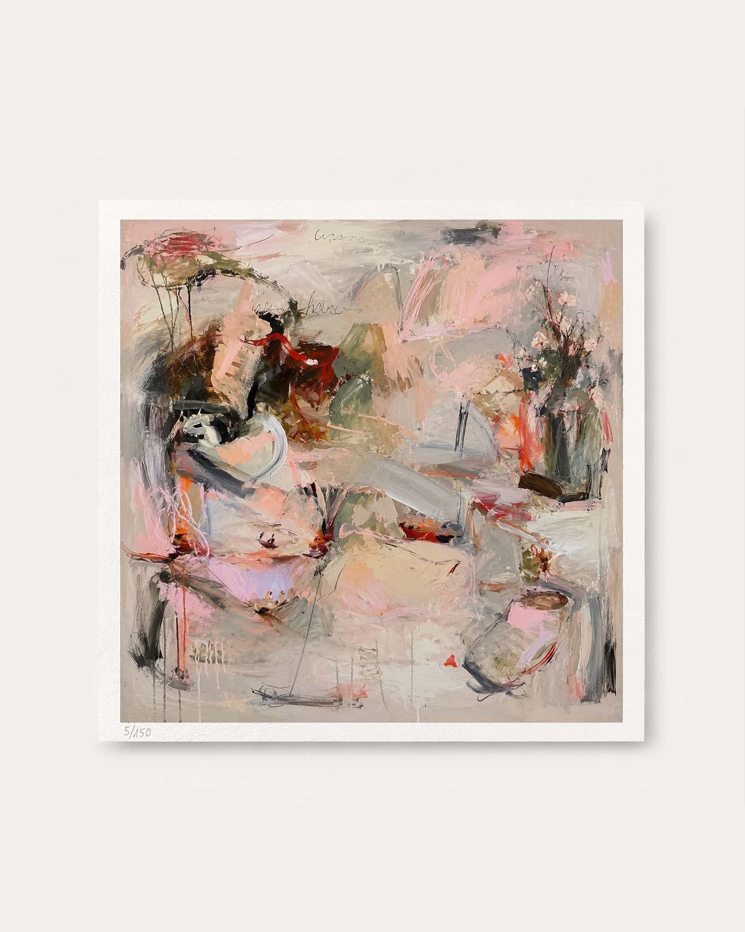 An abstract canvas painting featuring expressive brushstrokes in soft pink, beige, gray, black, and touches of red and green, presented with a white border on a light gray background.