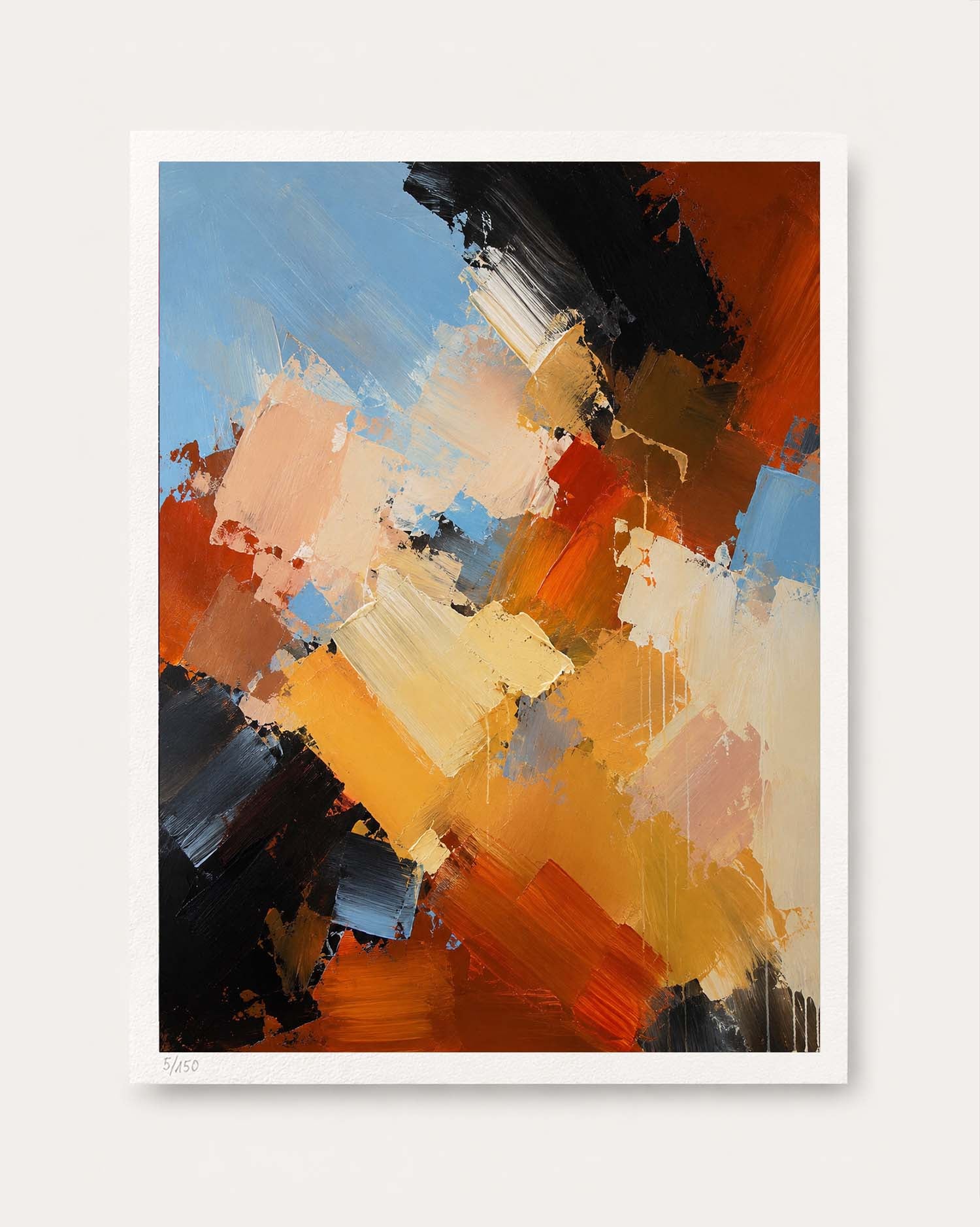 An abstract canvas art print featuring expressive brushstrokes in orange, yellow, black, blue, and beige, presented on a light gray background.