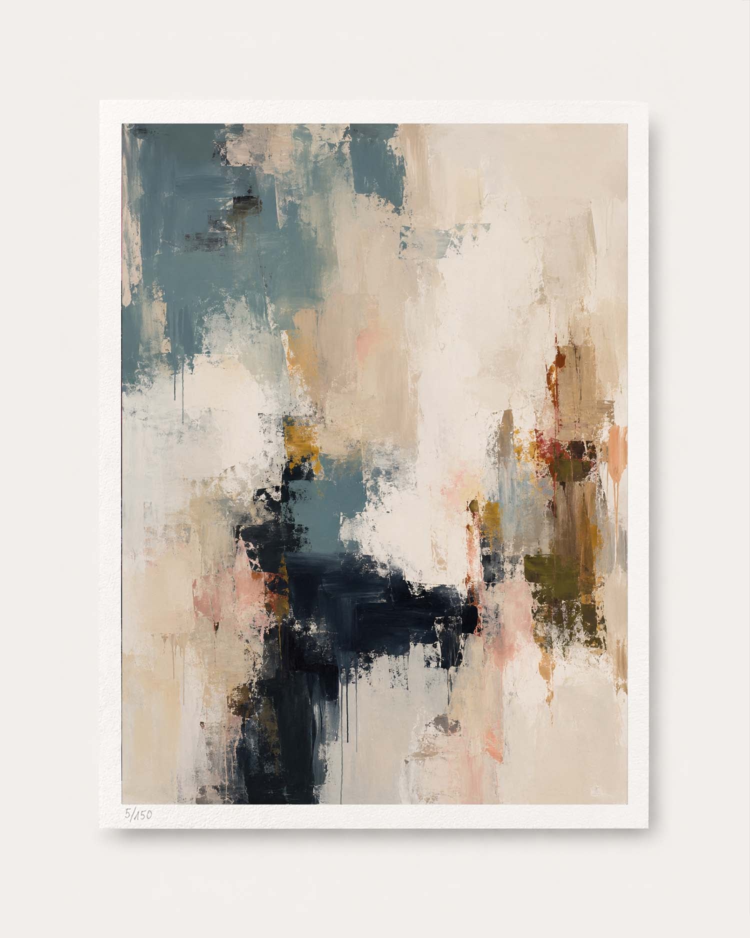 An abstract art print featuring a textured, painterly composition with beige, slate blue, navy, and soft pink brushstrokes, presented with a white border on a light background.