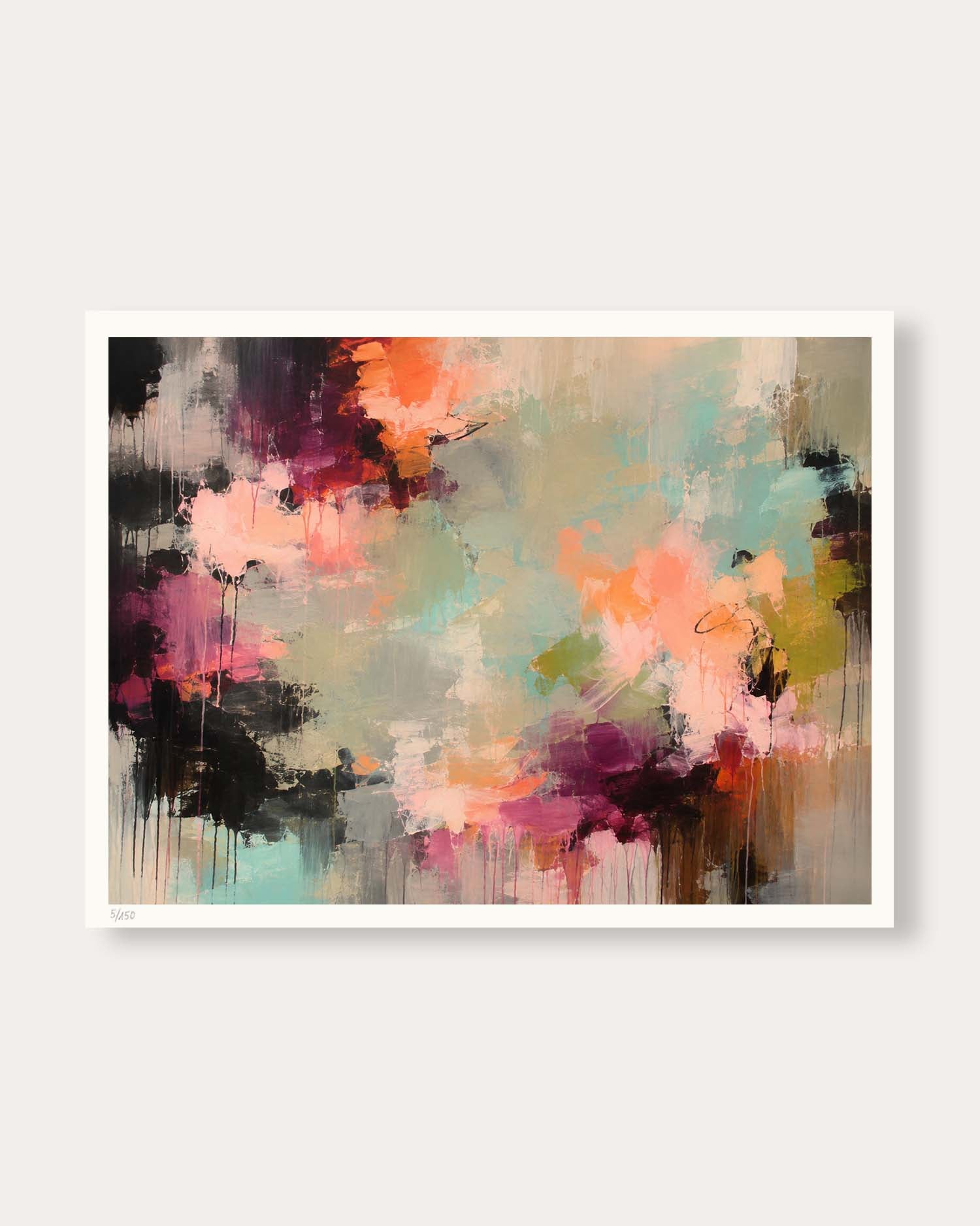 An abstract art print featuring a colorful paint splatter design with shades of pink, orange, teal, purple, black, and beige, displayed on a clean white background.